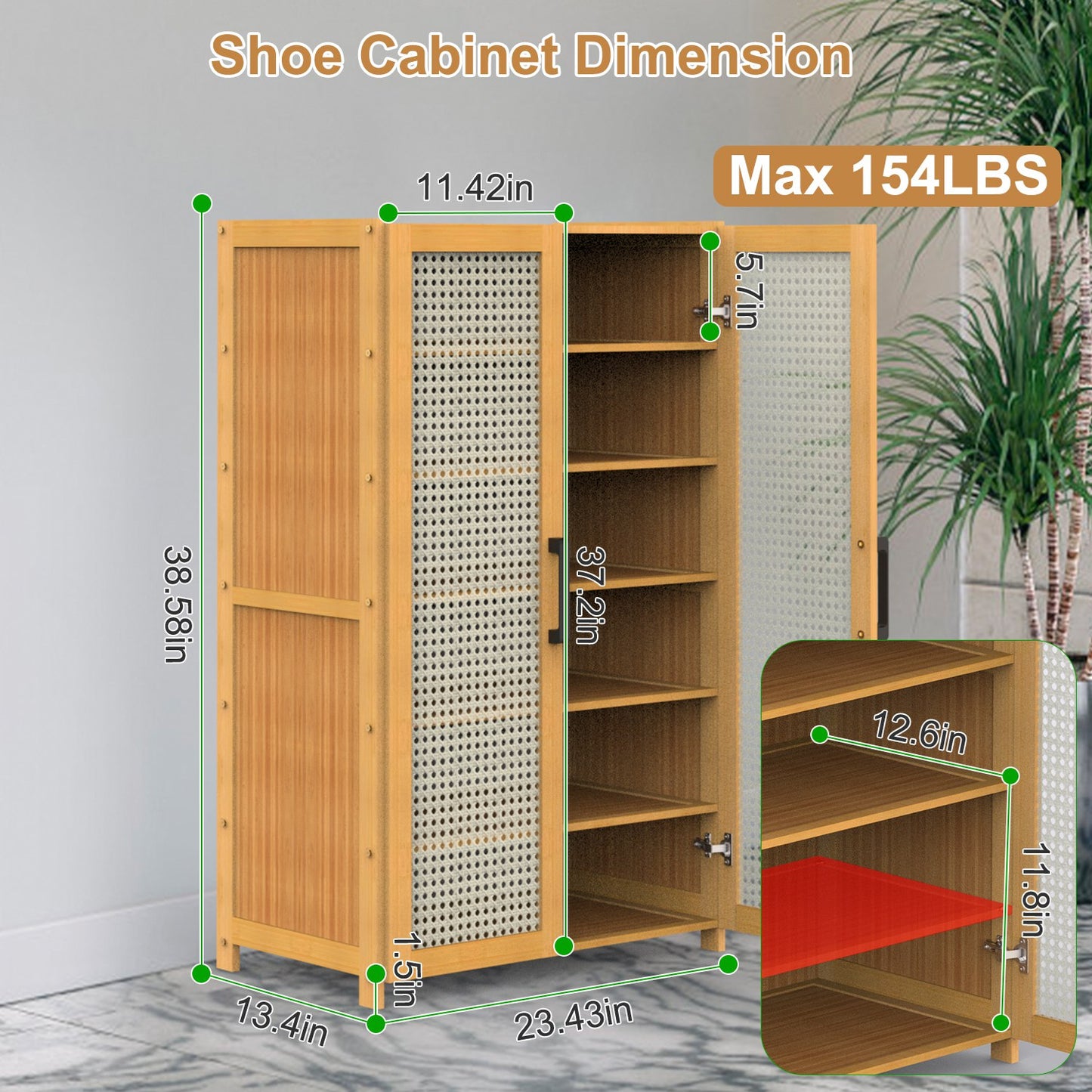 6-Tier Shoe CabinetÊwith Bamboo Shoe Rack Freestanding Shoe Organizer with 2 Hollow Doors and Handles 154lbs Max Load for Closet Hallway Living Room