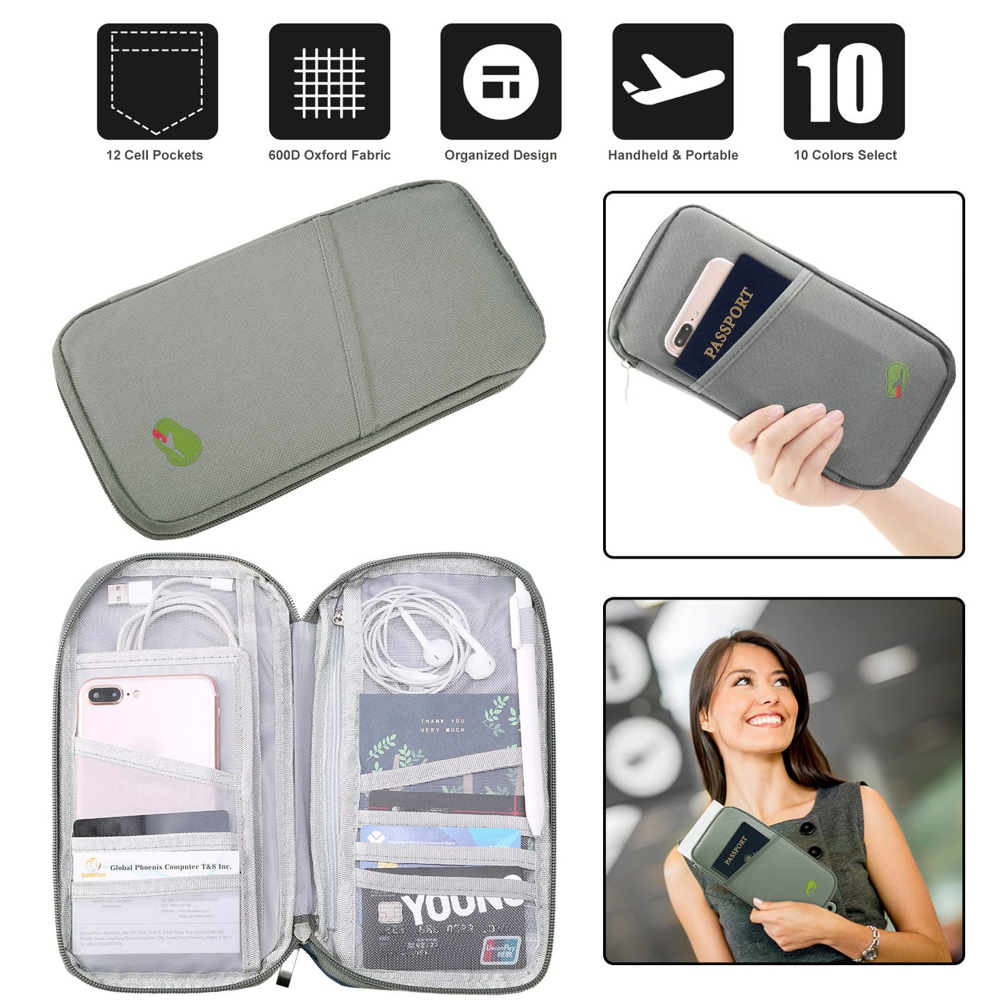 Travel Passport Wallet 12Cells Ticket ID Credit Card Holder Water Repellent Documents Phone Organizer Zipper Case Business Trip Daily Use