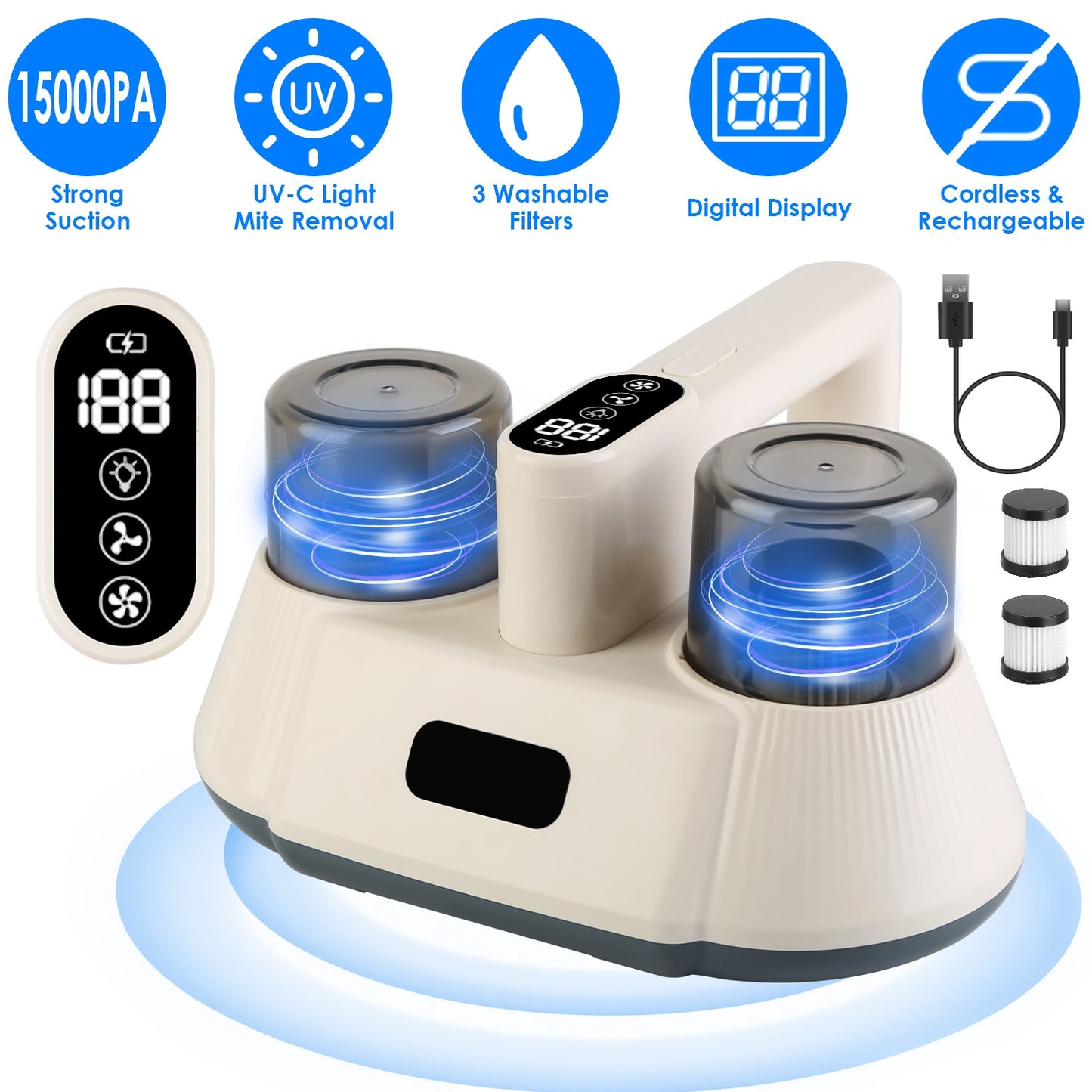 15000PA Double-Cup Bed Vacuum Cleaner with UV-C Light Cordless Mattress Vacuum Rechargeable Dust Mites Remover with 3 Washable Filters