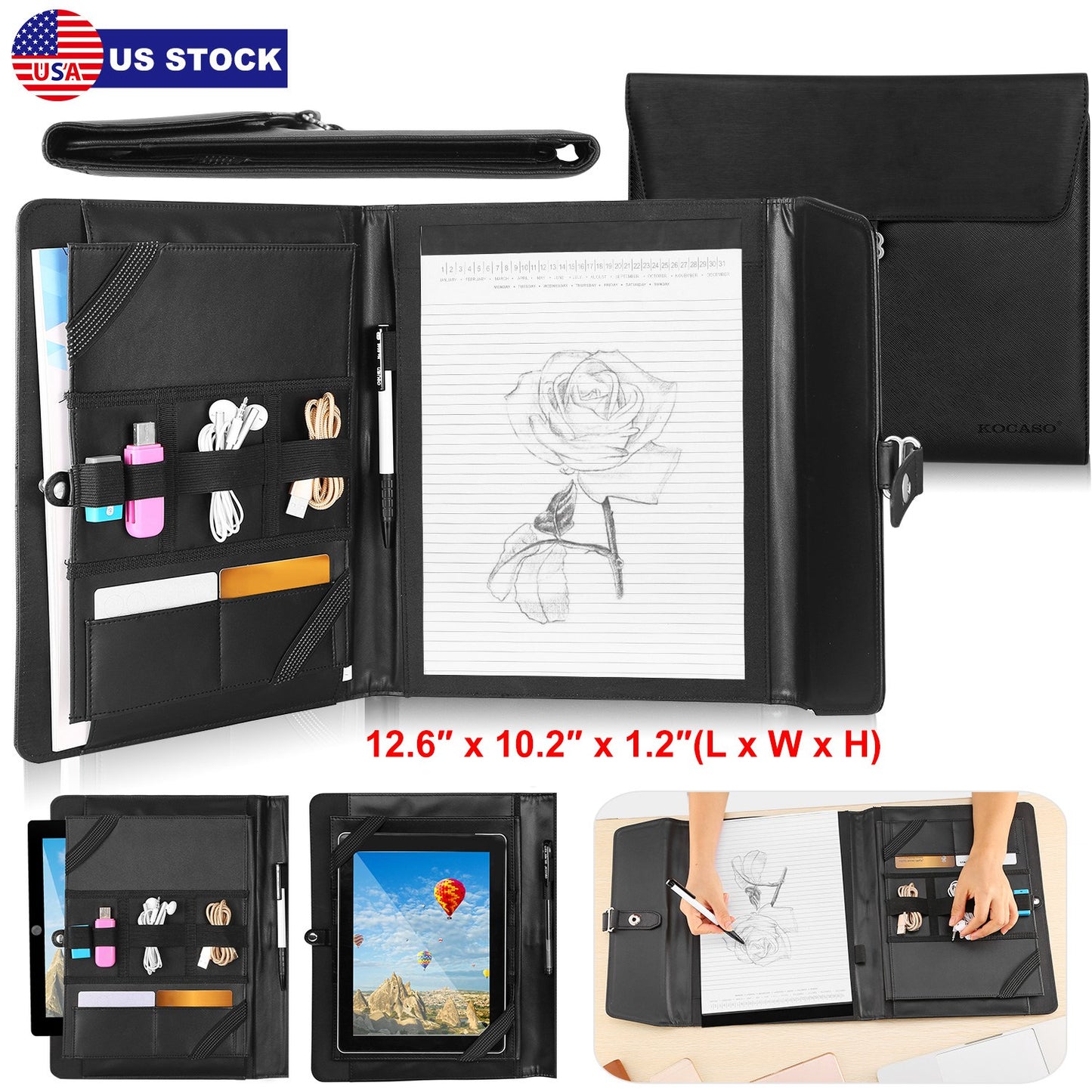 Padfolio Portfolio Folder Business Document Organizer PU Leather Padfolio Holder Case for 9.7" iPad Tablet Business Cards