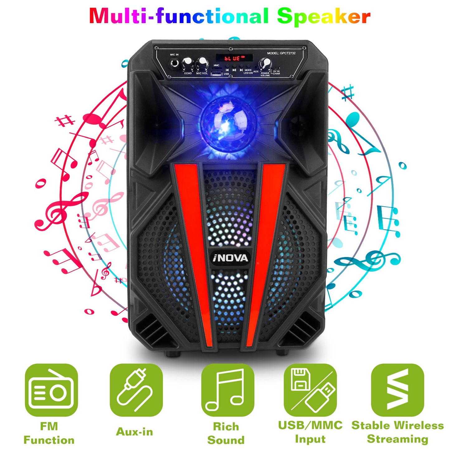 8Ó Wireless Party Speaker Subwoofer Bass Portable TWS Party Speaker w/ Microphone Support FM Radio Remote Control MMC Car Slot LED Colorful Lights