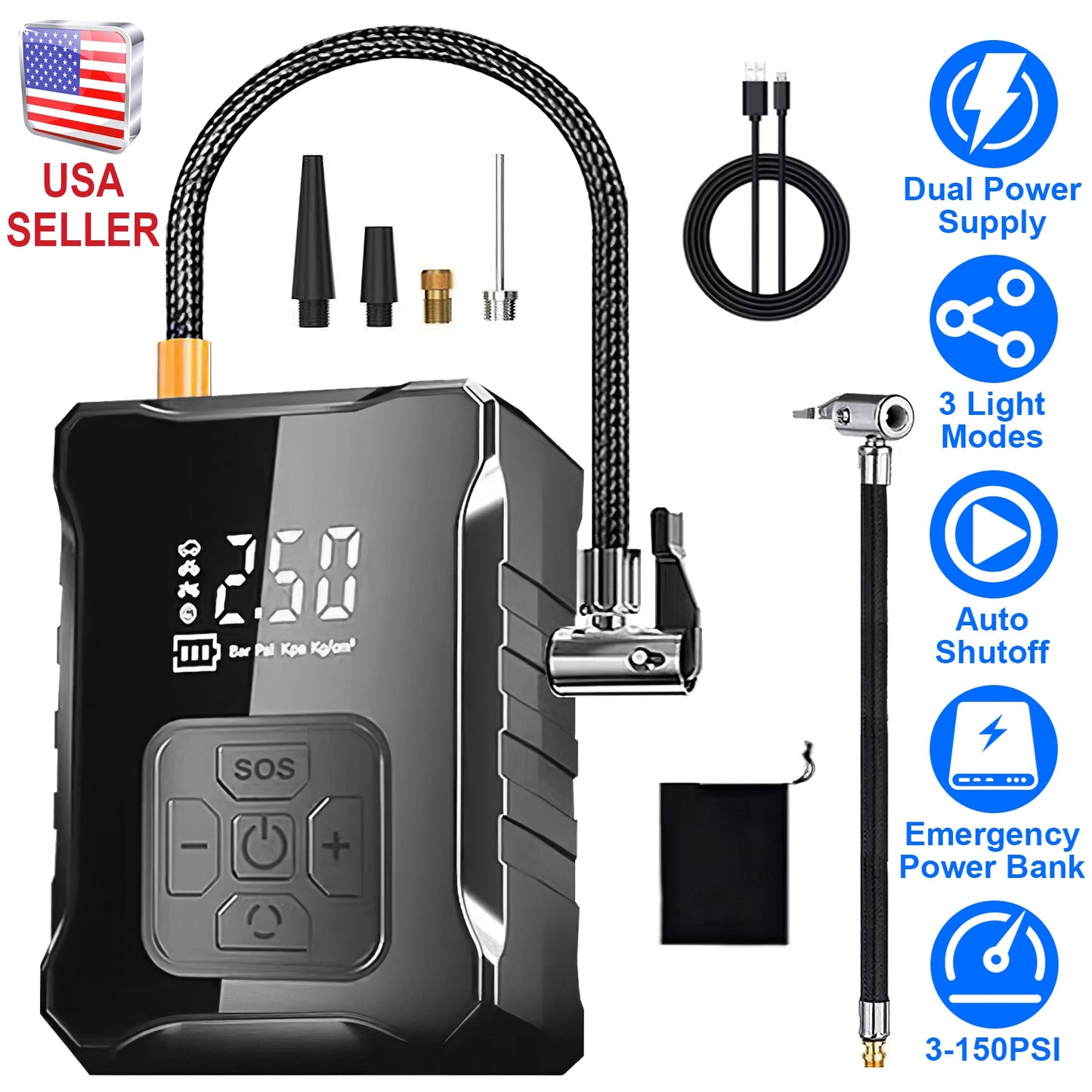 150PSI Cordless Tire Inflator Digital Air Compressor with LED Light Emergency Power Bank for Cars Motorcycles Bicycles Balls