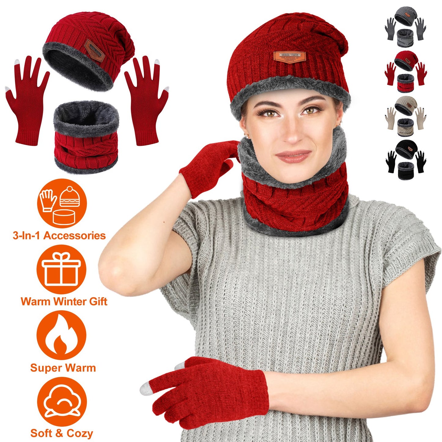 Winter Knitted Hat Scarf Gloves 3Pcs Winter Warm Beanie and Touch Screen Gloves Scarf Set Knit Beanie Skull Cap Neck Warmer Mittens for Men Women