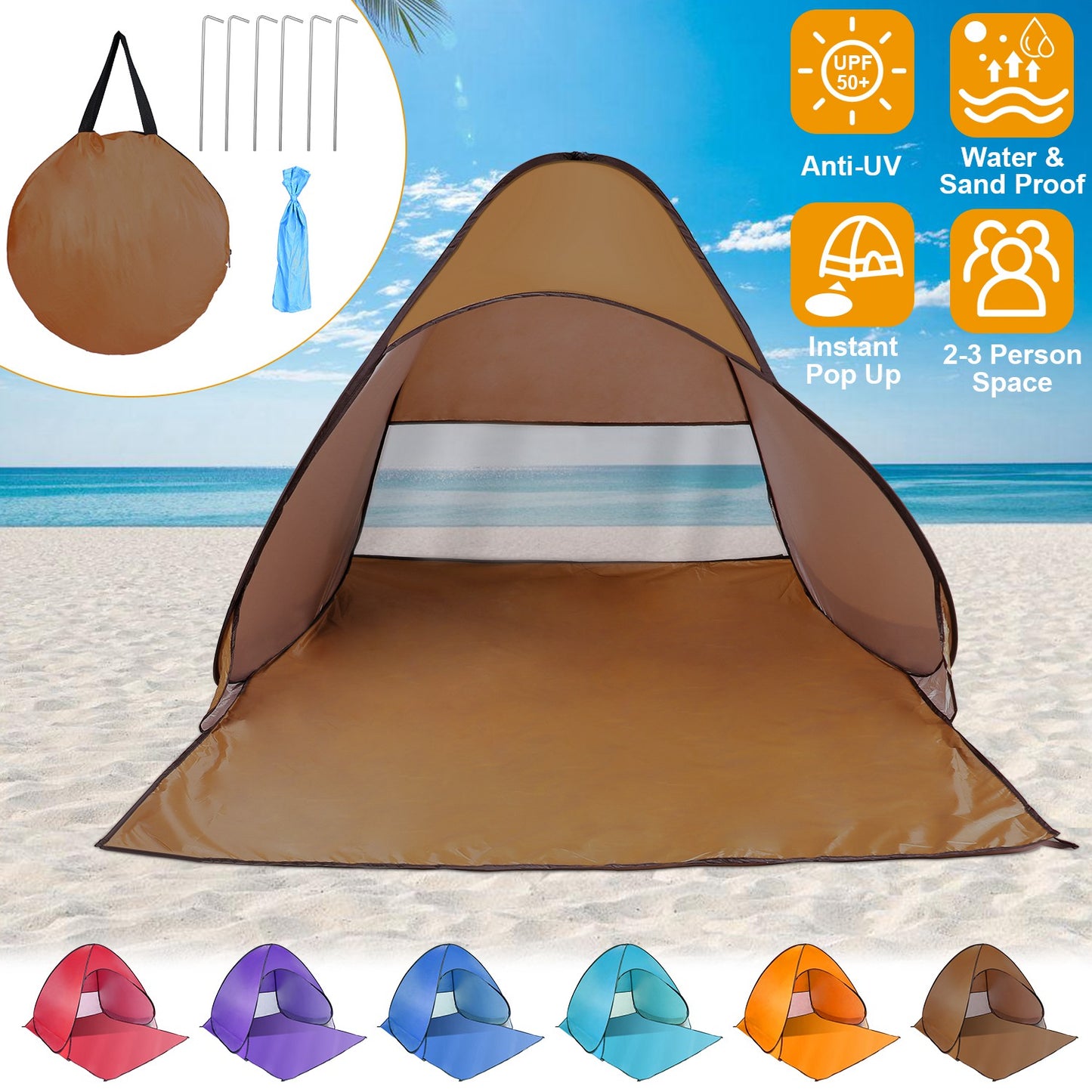 Pop Up Beach Tent Sun Shade Shelter Anti-UV Automatic Waterproof Tent Canopy for 2/3 Man w/ Net Window Storage Bag for Outdoor Beach Camping Fishing P