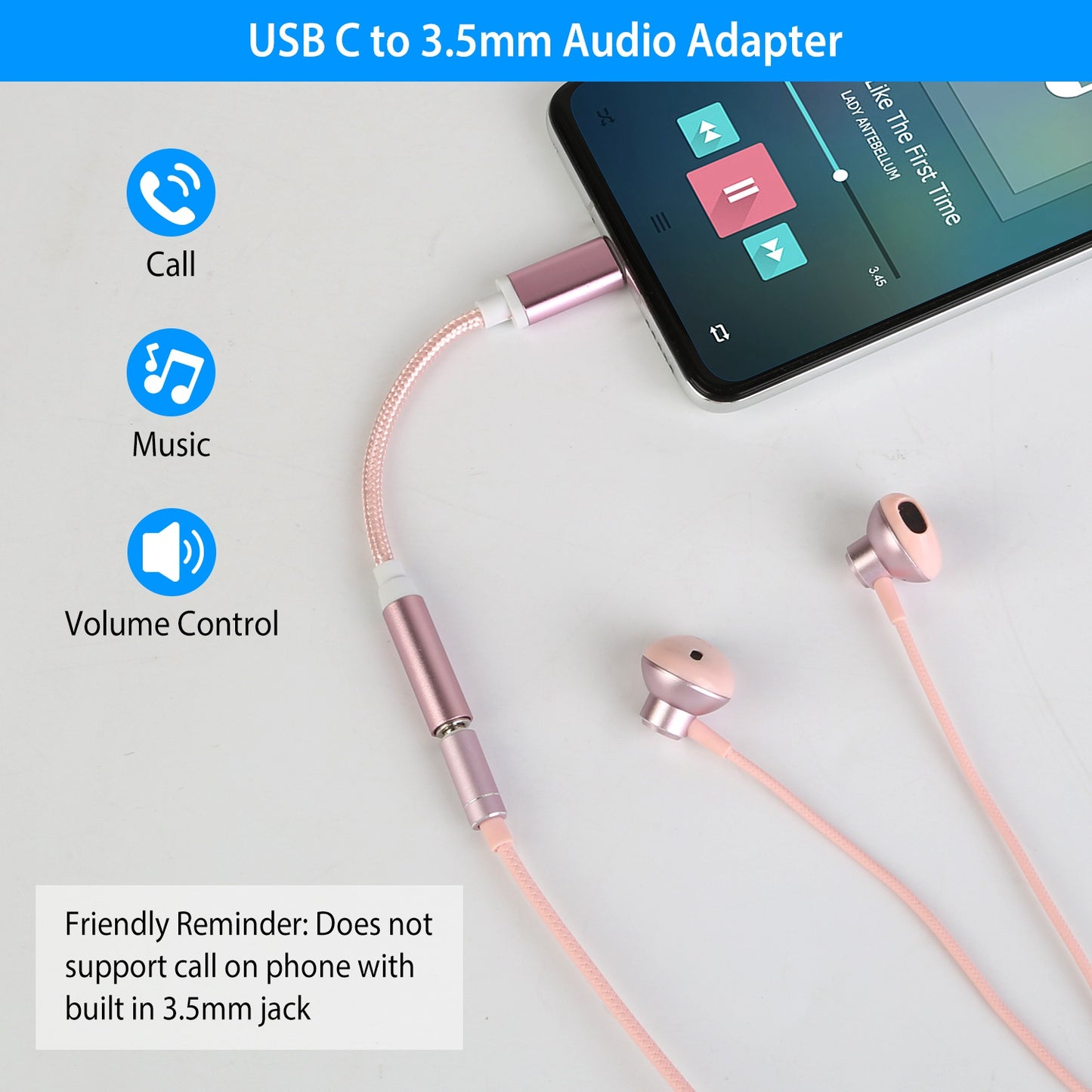 USB-C Type C Adapter Port to 3.5mm Aux Audio Jack Earphone Headphone Cable Cord