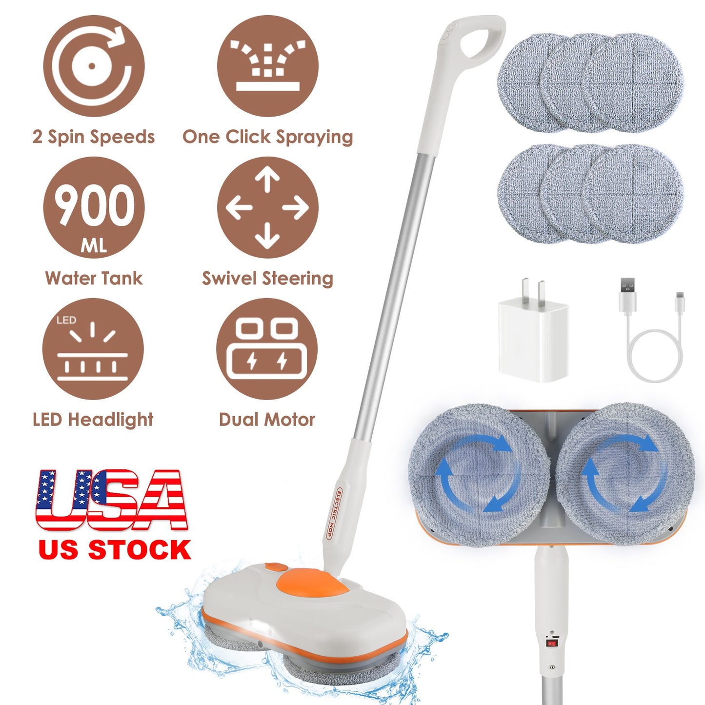 Dual Motor Cordless Spin Mop Self-Propelled Floor Cleaner with 6 Microfiber Pads 2 Speeds 900ML Water Tank One Click Spraying Headlight for Multiple F
