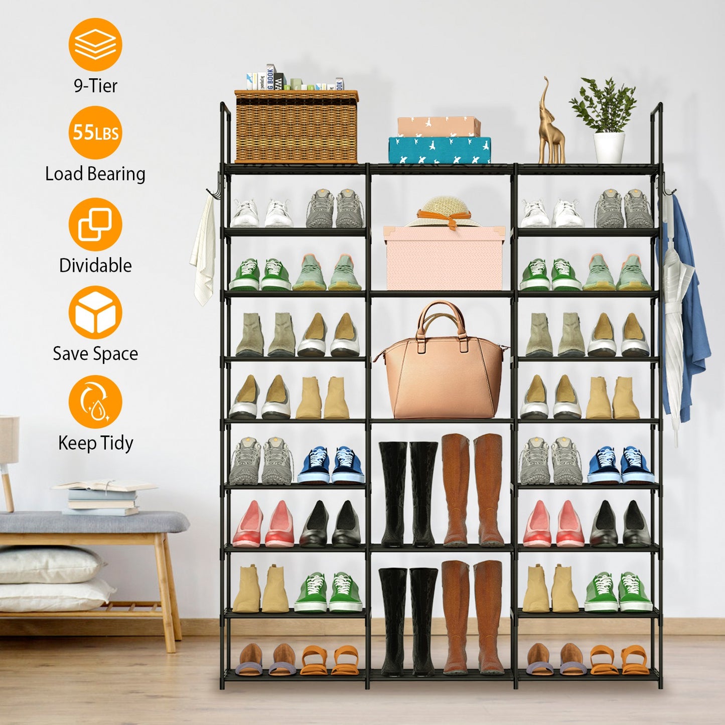 9 Tiers Shoe Rack Metal Shoe Storage Shelf Free Standing Large Shoe Stand 50-55 Pairs Shoe Tower Unit Tall Shoe Organizer with 2 HooksÊfor Entryway Cl
