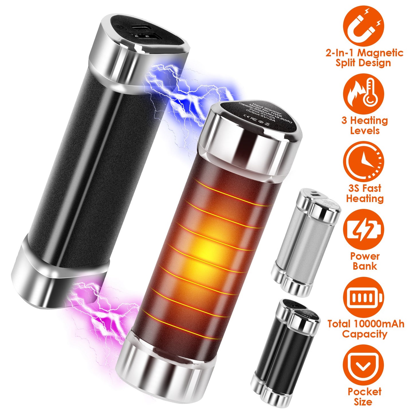 2 Packs 10000mAh Split-Magnetic Handwarmers 2 in 1 Portable Electric Pocket Heater Power Bank Portable Charger with 3 Heating Levels for Camping Hunt
