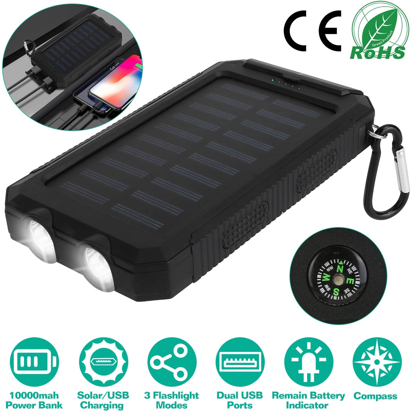 10000mAh Solar Power Bank External Battery Pack Dual USB Ports Outdoor Charger with Battery Indicators SOS LED Lights Compass Camping Hiking