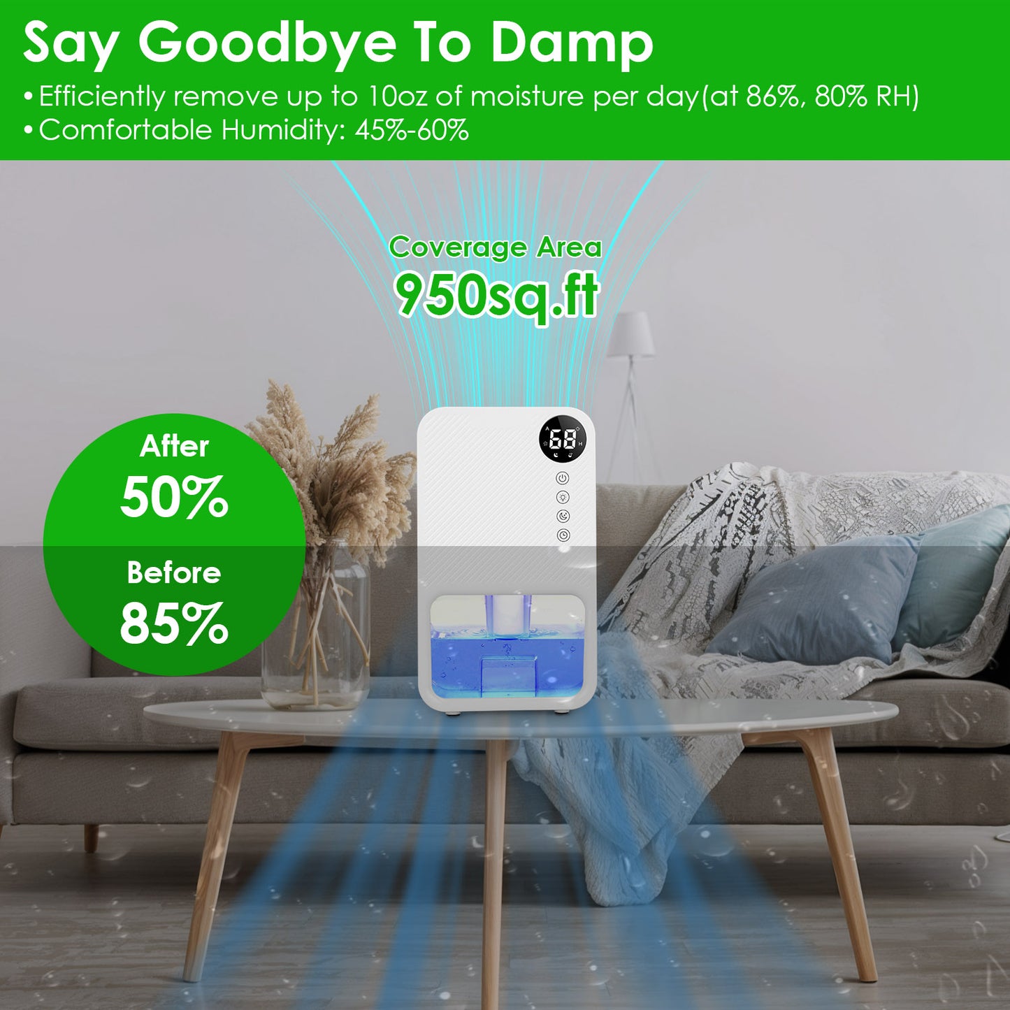 37.2OZ Dehumidifier Indoor Portable Small Dehumidifier with Sleep Mode 1-24H Timer 7-Color Lighting 950sq.ft Coverage Touch Control for Home Bathroom