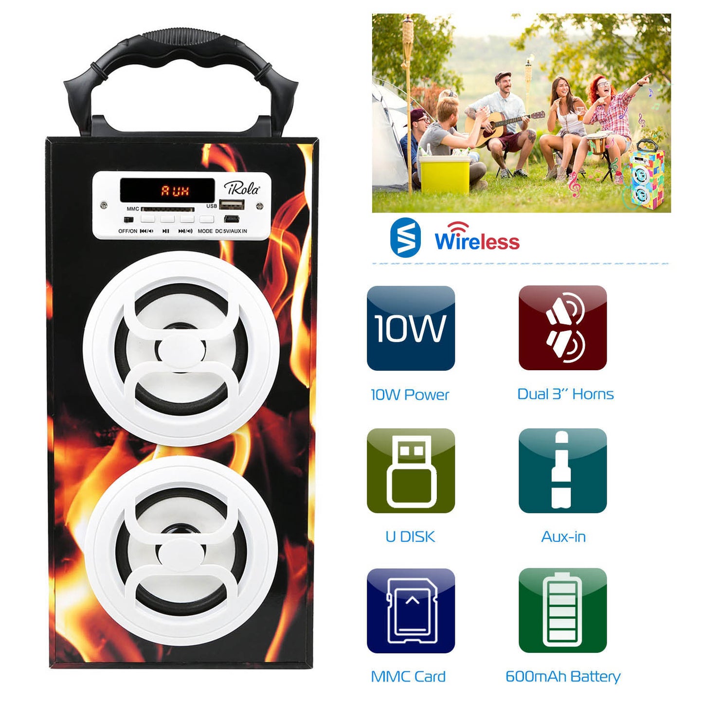 iRola Wireless Speaker 10W Powerful Subwoofer Wooden Loudspeaker FM AUX MMC for iPhone X Samsung S9 Tablet PC