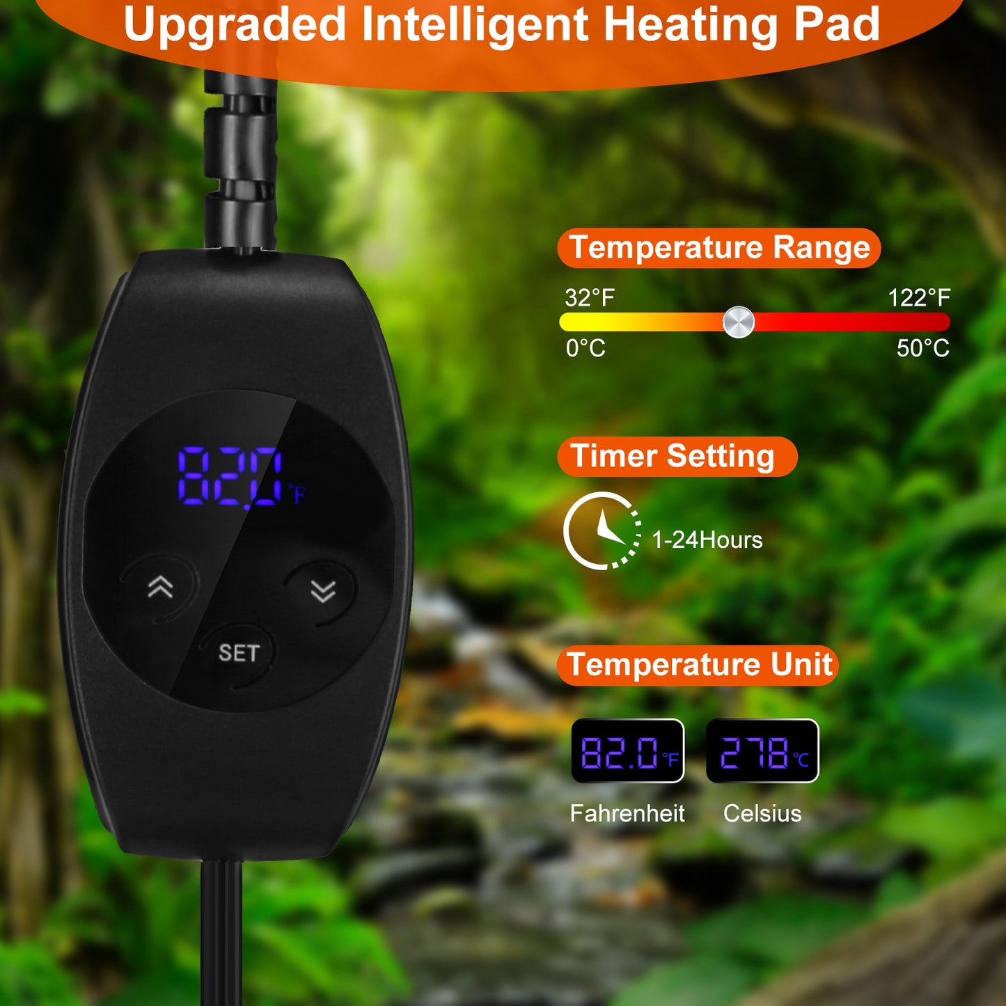Electric Reptile Heating Pad With 32-122¡F Temperature Adjustment IPX7 Waterproof Timer Setting Under Tank Heating Mat for Lizards Turtles Snake Spide