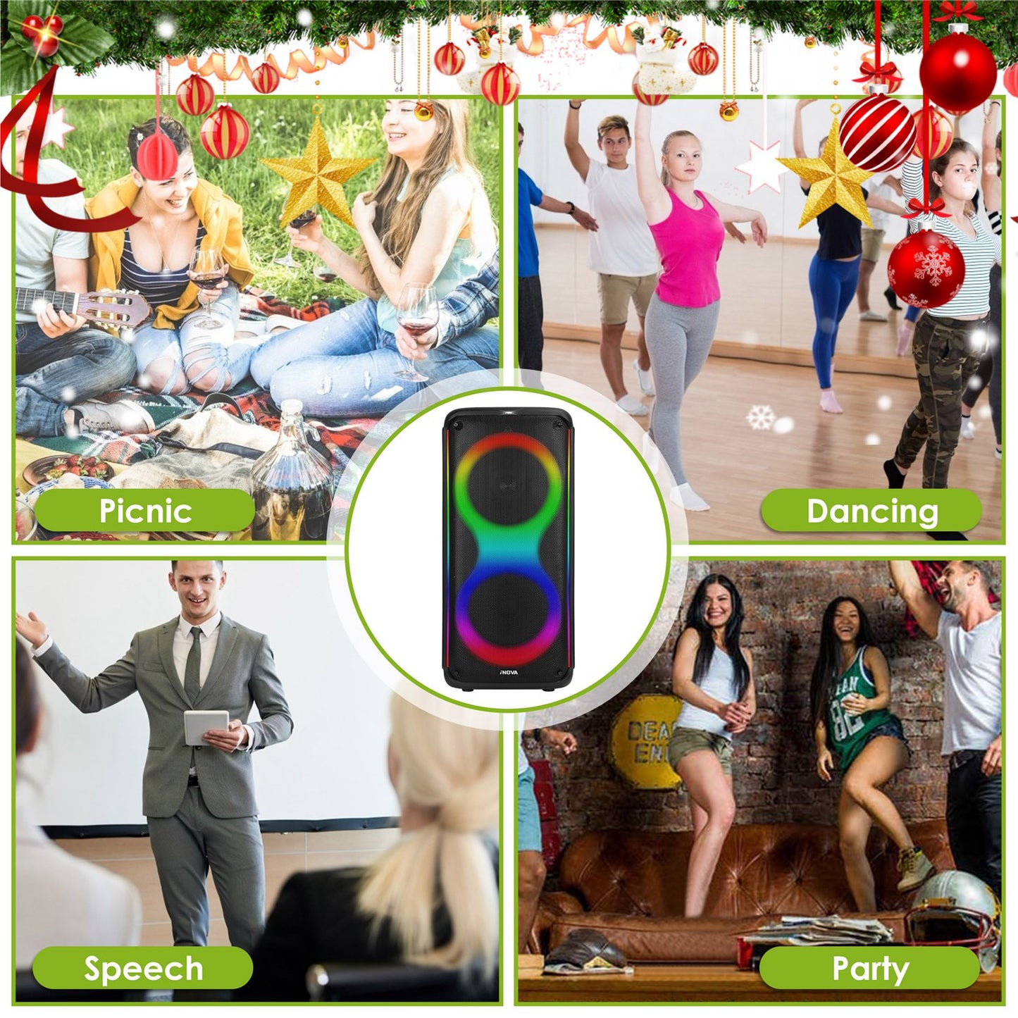 Portable Wireless Party Speaker with 7 Colorful Lights Remote Control Party Speaker with TWS Function FM Radio USB MMC Card Reading Aux In Recording F