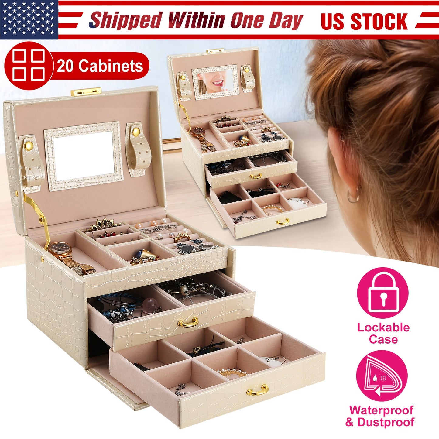 Jewelry Case Organizer 3-layer Lockable Travel Jewelry Box PU Leather Storage Display Case with Mirror Protective for Bracelets Earrings Rings Necklac