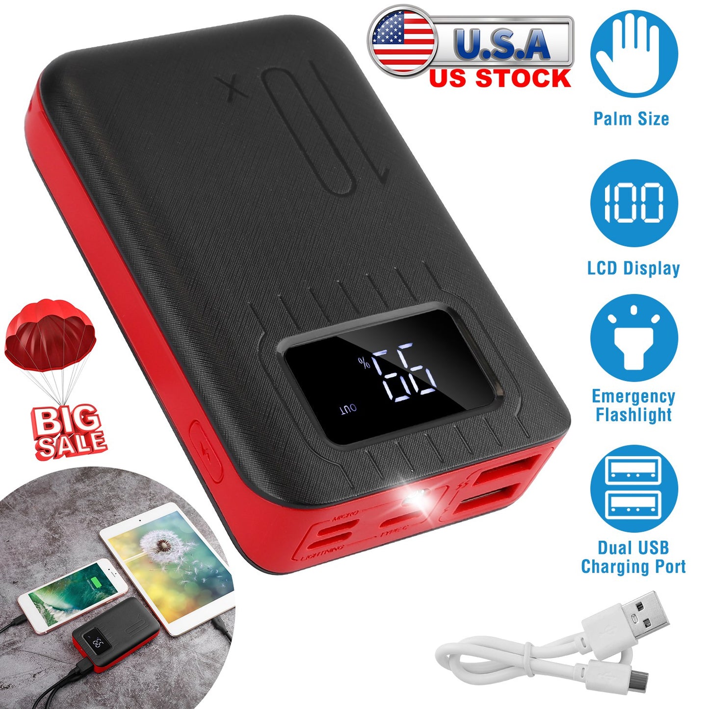 10000mAh Portable Power Bank External Battery Pack Charger Dual USB Charge Ports with LCD Display Flashlight Type C Micro USB Lightning Input Ports