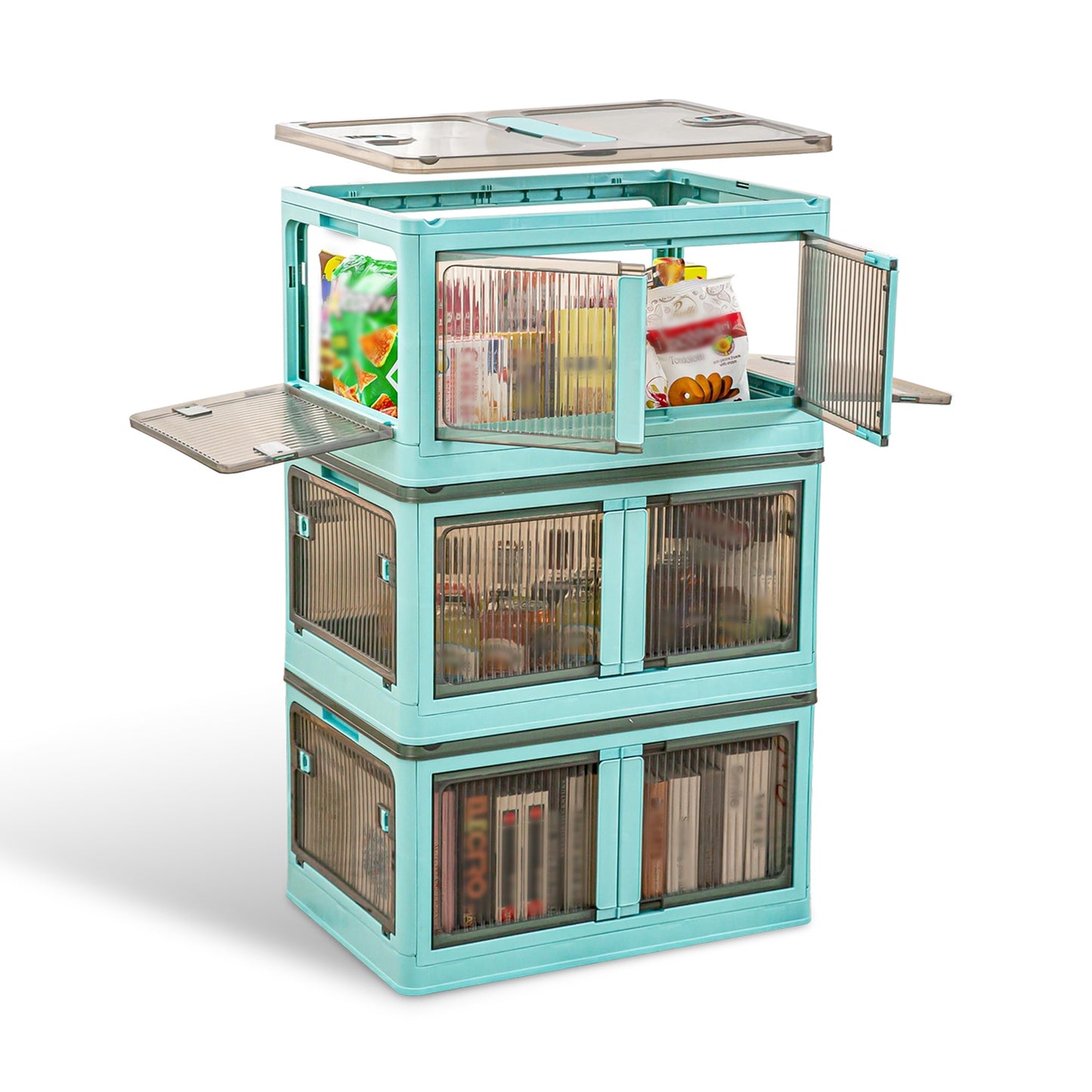 3Pcs Foldable Storage Bins with Lid 4 Doors Collapsible Stackable Closet Organizer Containers with Lock 4Pcs Wheels