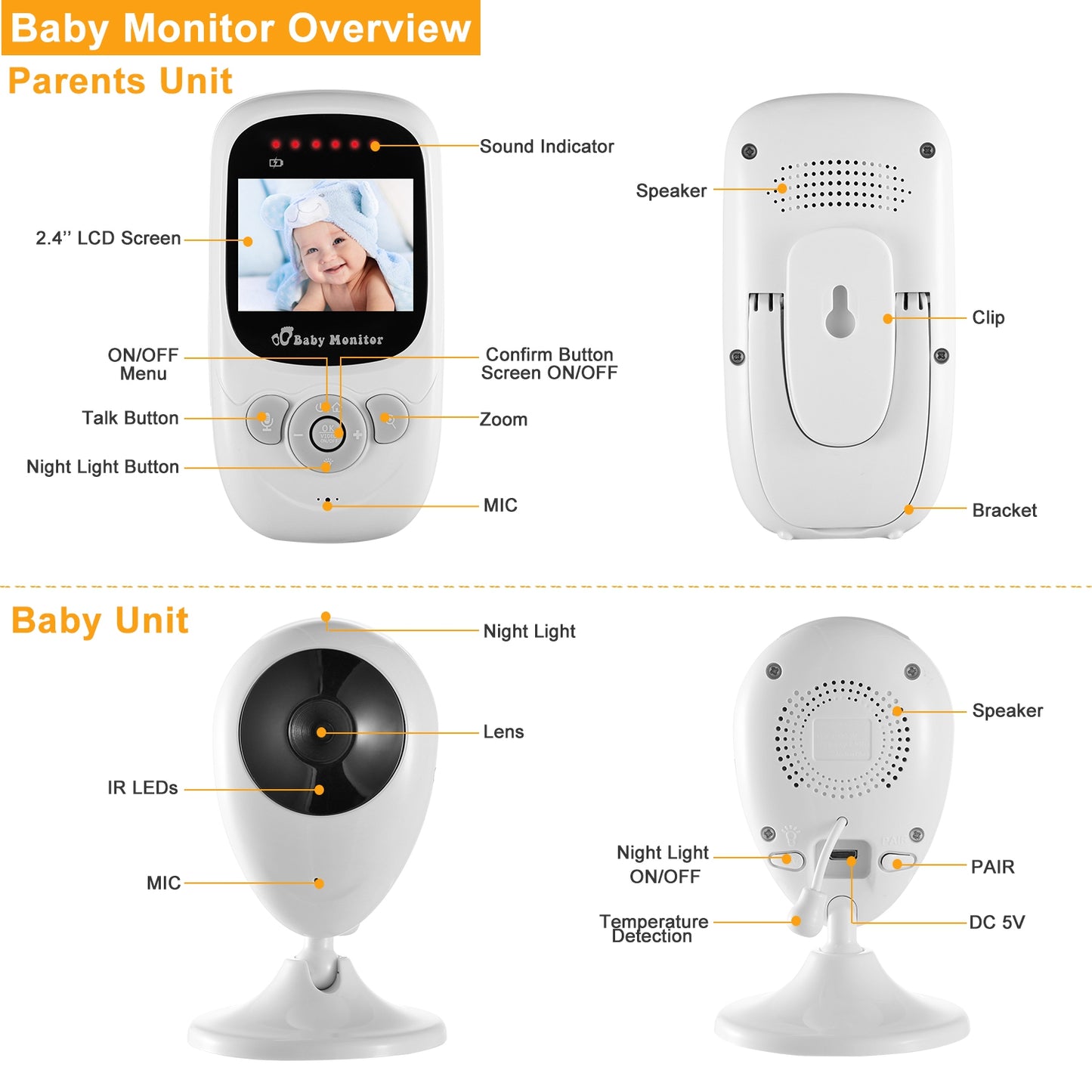 656FT Video Baby Monitor w/ Digital Camera Infrared Night Vision 2.4ÕÕ LCD Two-way Talk Zoom Function 2.4GHz Wireless Transmission Temperature Monitor