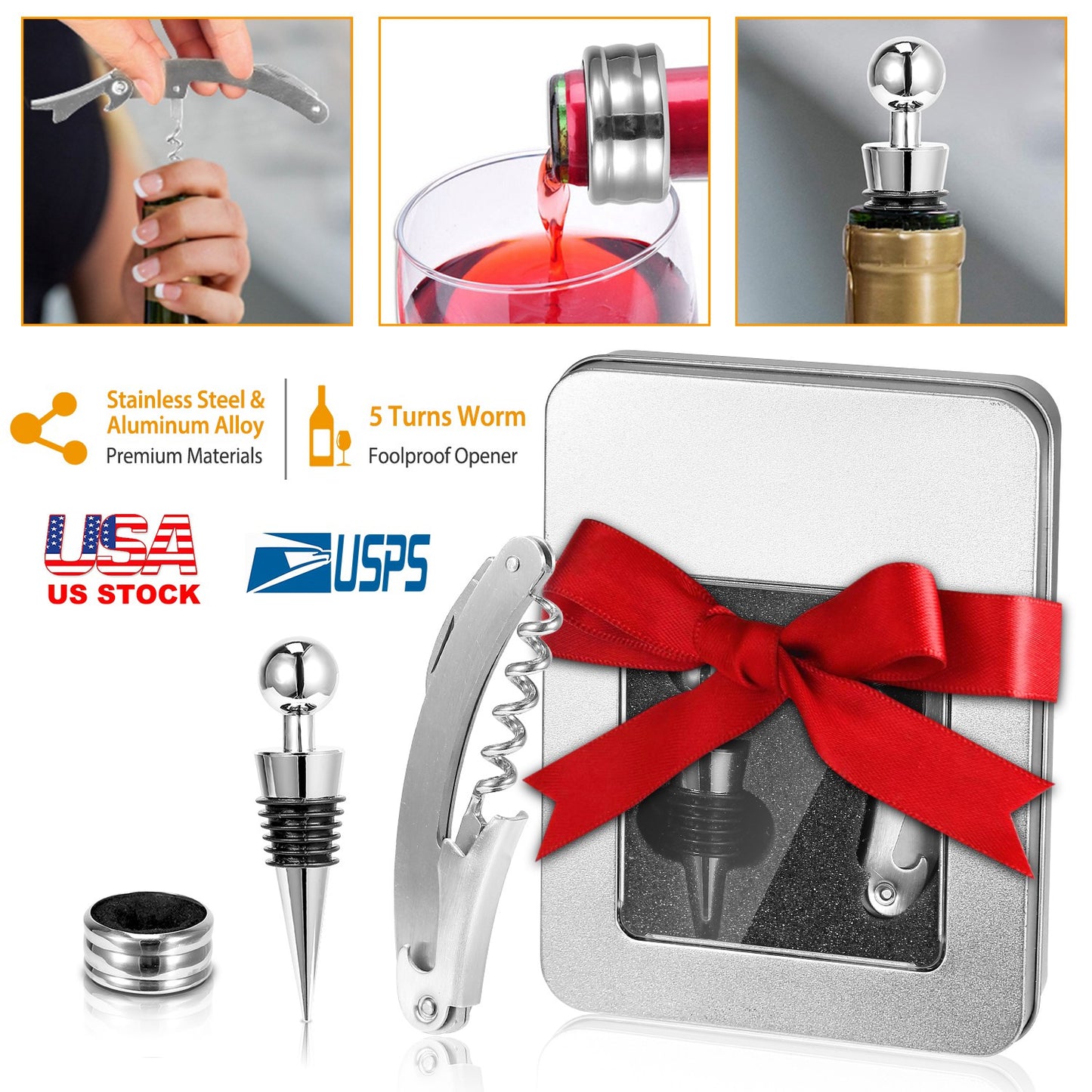 3Pcs Corkscrew Bottle Opener Set Tool Foil Cutter Drip Collar Protector Cork Stopper Wine Bottle Cap Opener