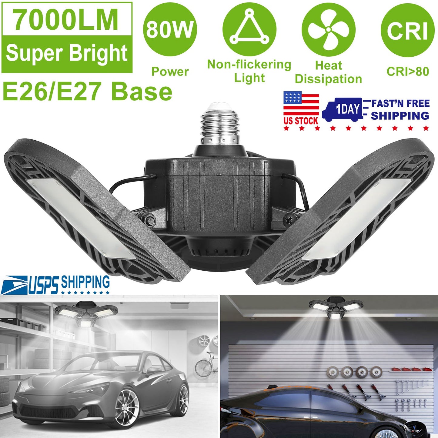 LED Garage Light, iMounTEK E26/E27 80W 7000LM 6500K Garage Ceiling Light Deformable Workshop Lamp Die Cast Aluminum LED Ceiling Light Bulbs with 3 Adj