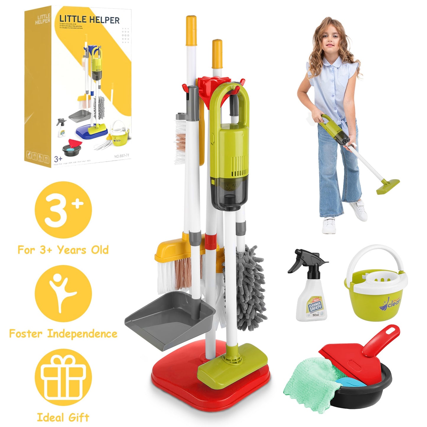 14Pcs Kids Cleaning Toy Set Toddler Housekeeping Pretend Play Kit with Vacuum Cleaner Broom Mop Organization Stand for Boys Girls Aged 3 4 5