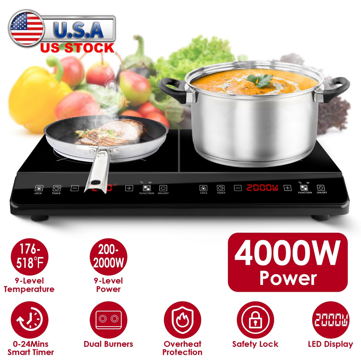 4000W Induction Cooktop Portable Double Induction Cooker Electric Dual Burner Stove Countertop Hot Plate with 9 Power 9 Temperature 0-3H Timer