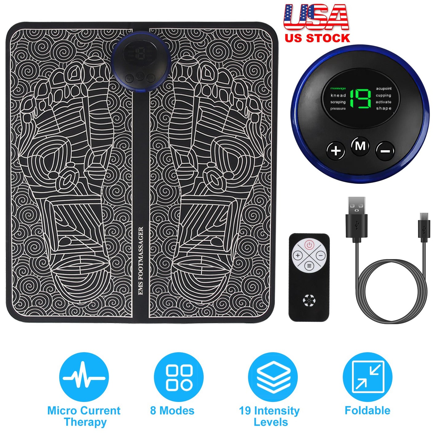 Foot Massage Pad Electric Stimulator Massager Unit Leg Reshaping Muscle Pain Relax Foldable Massage Mat with 8 Modes 19 Intensity Levels Remote Contro