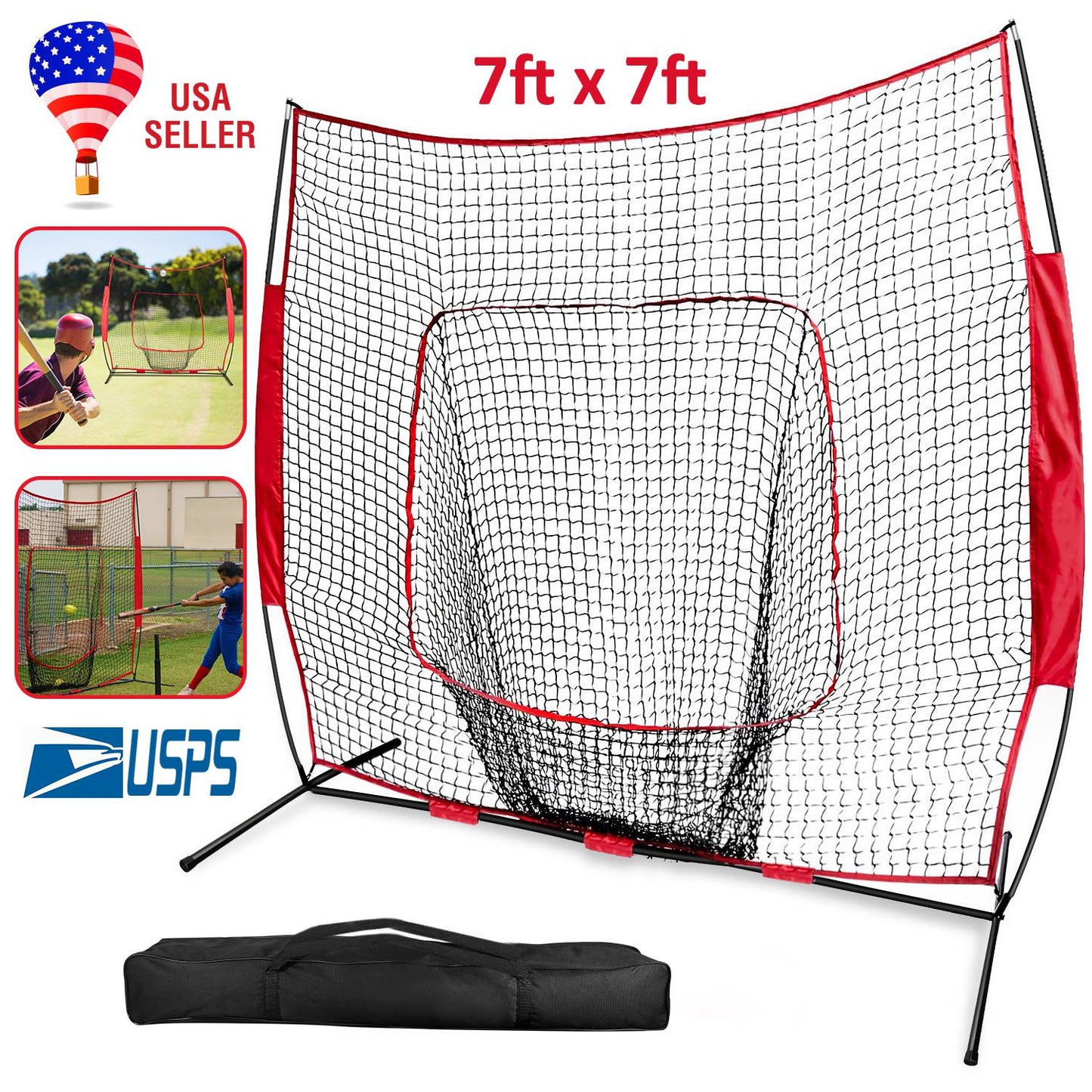 7x7ft Baseball Softball Teeball Practice Net Batting Hitting Pitching Training Net w/ Bow Frame Carrying Bag for Solo Team Training