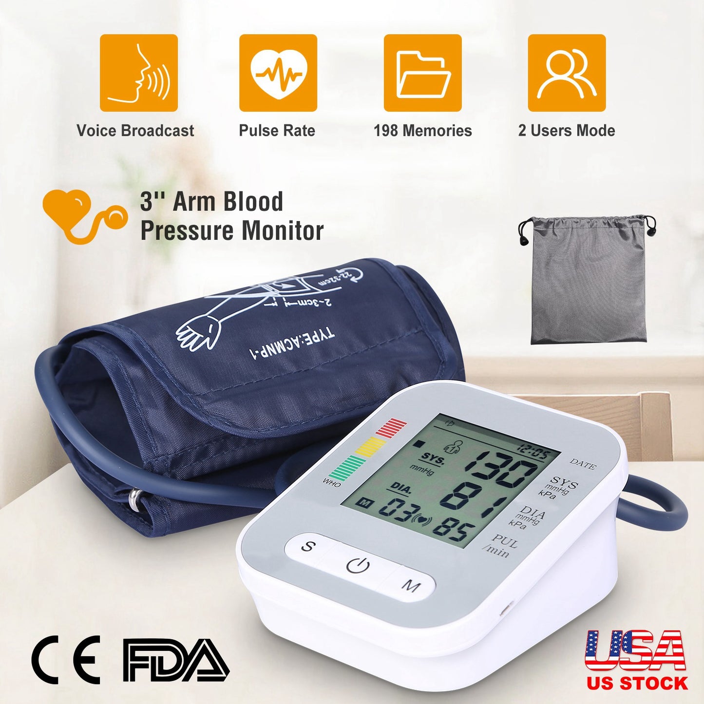 Digital Arm Blood Pressure Monitor LCD Digital Heart Beat BP Gauge Health Test w/Voice