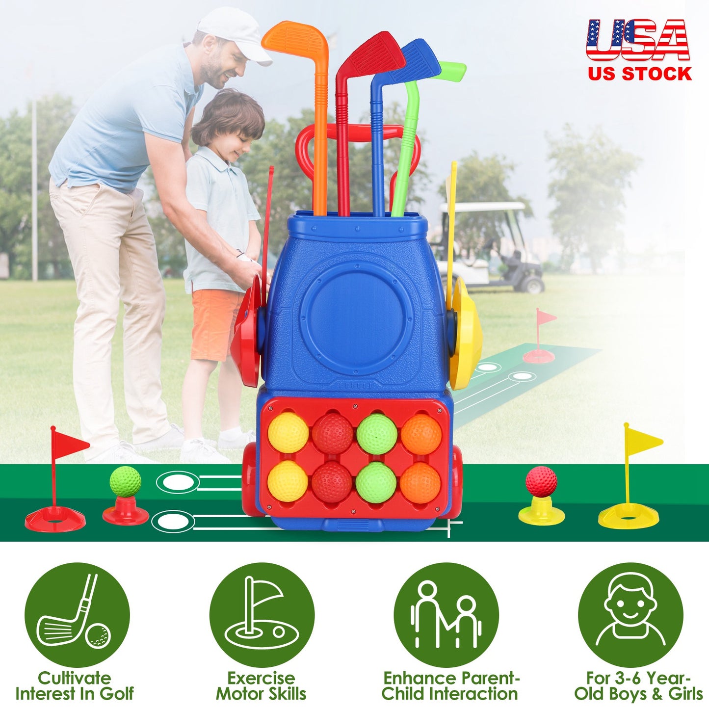 Toddler Golf Clubs Set Kids Golf Kits Toddler Golf Ball Game Play Set Golf Game with 4 Golf Sticks 8 Golf Balls 2 Golf Holes 1 Golf Mat for 3-6 Year O