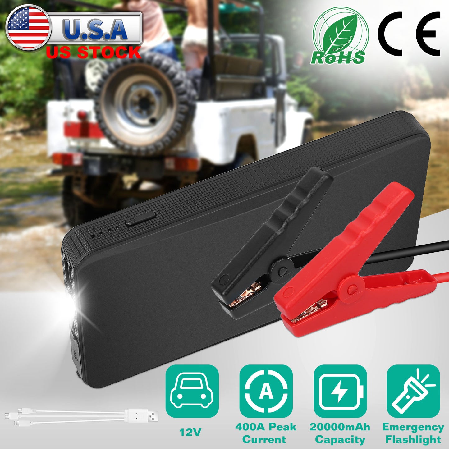 12V Car Jumper Starter 400A Peak 20000mAh Battery Charger Power Bank Portable Power Booster Battery w/ 3 Flashlight Modes