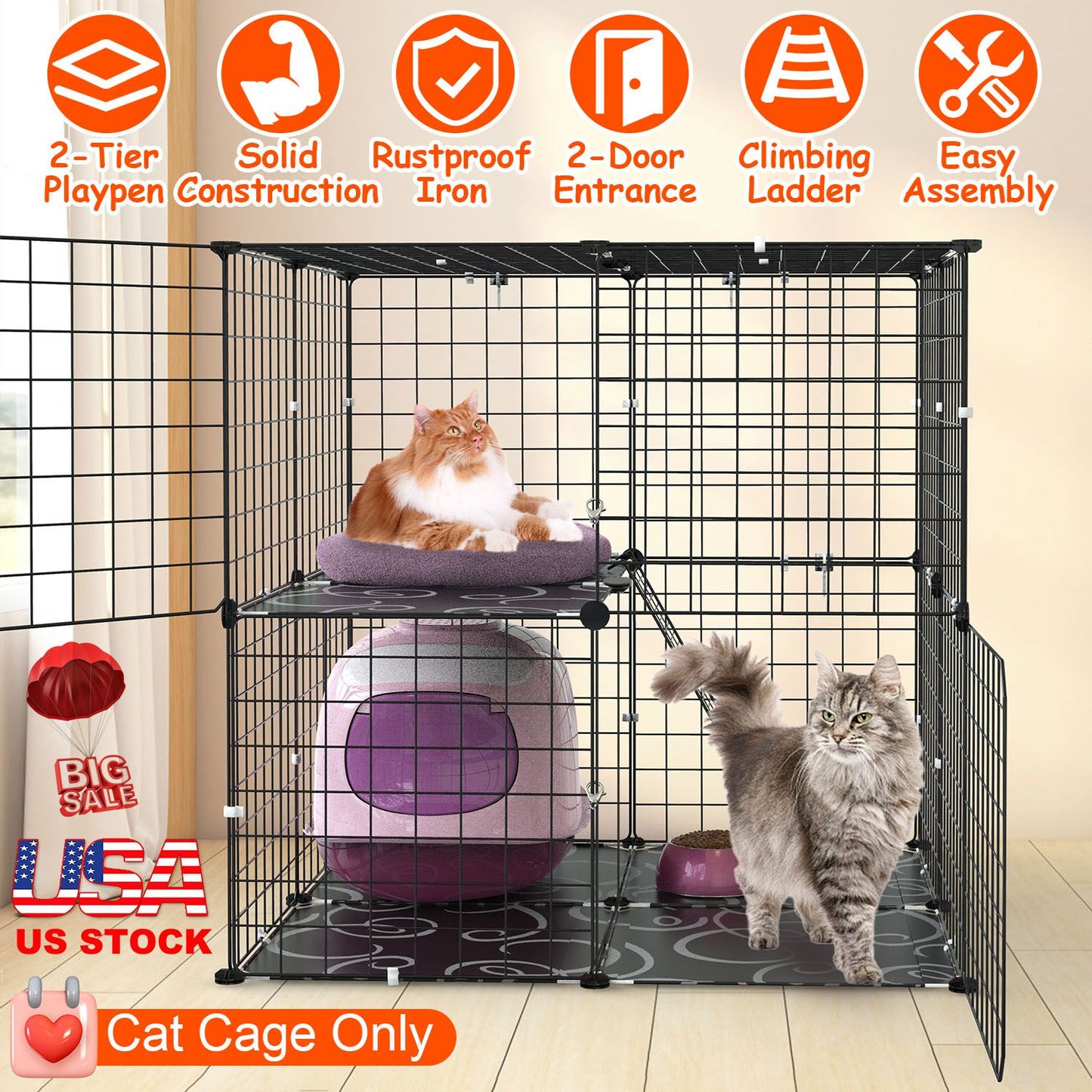 2Tier Cat Cage Playpen Indoor Pet Enclosures Kitten Kennel House Detachable Cat Crate with Climbing Ladder 2 Doors for 1-2 Cats for Ferret Squirrel Sm