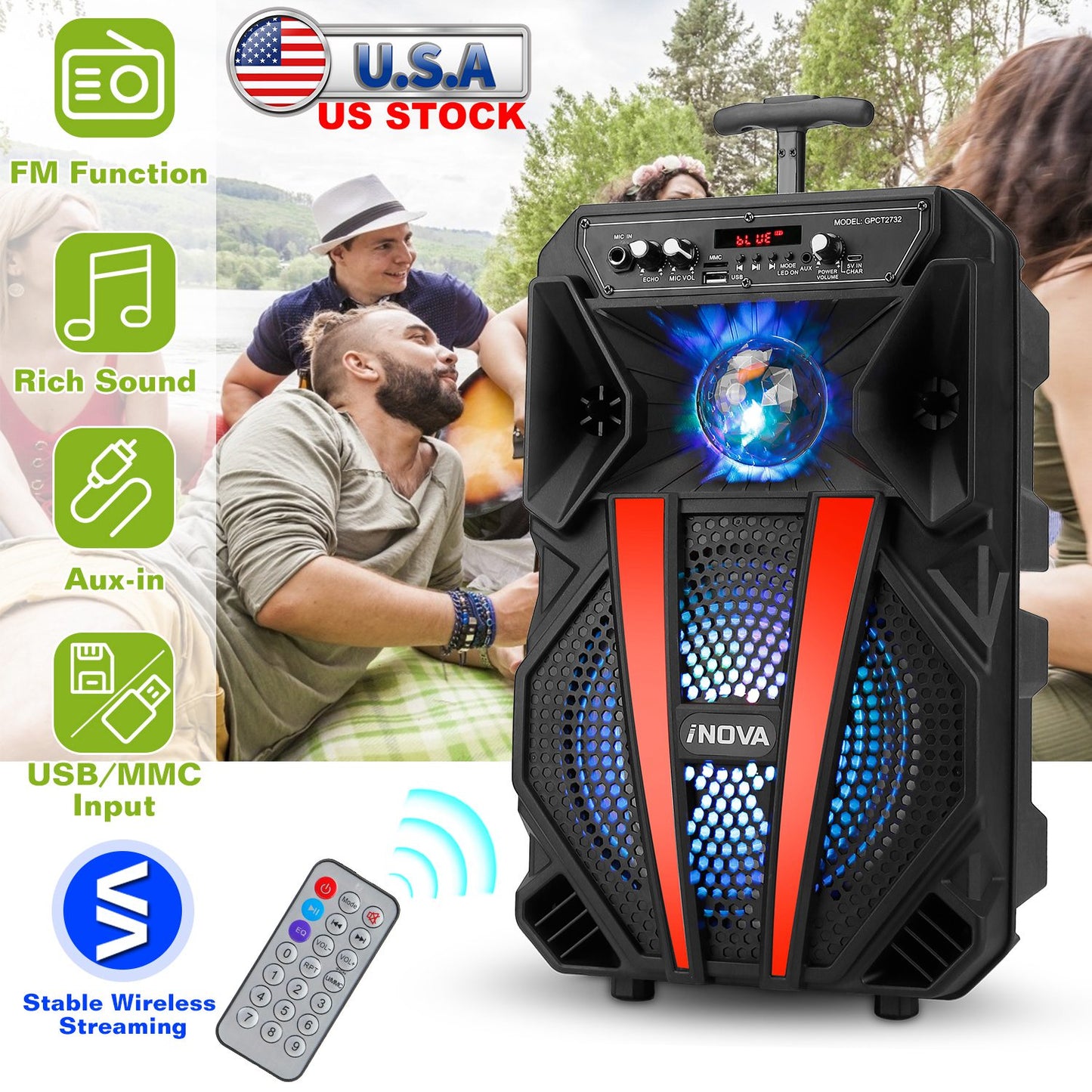 8Ó Wireless Party Speaker Subwoofer Bass Portable TWS Party Speaker w/ Microphone Support FM Radio Remote Control MMC Car Slot LED Colorful Lights