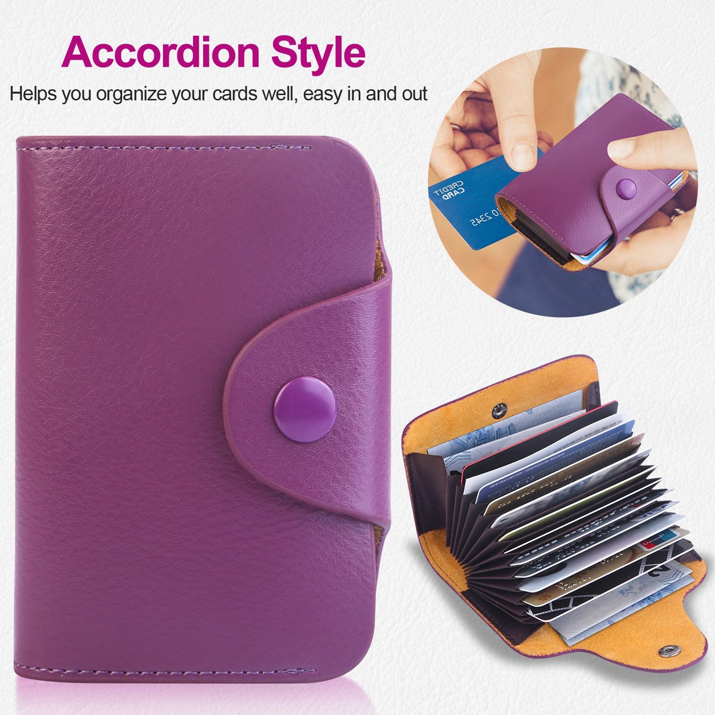 Credit Card Holder Wallet PU Leather Snap Closure Purse Accordion Case with 12 Pcs Card Slots