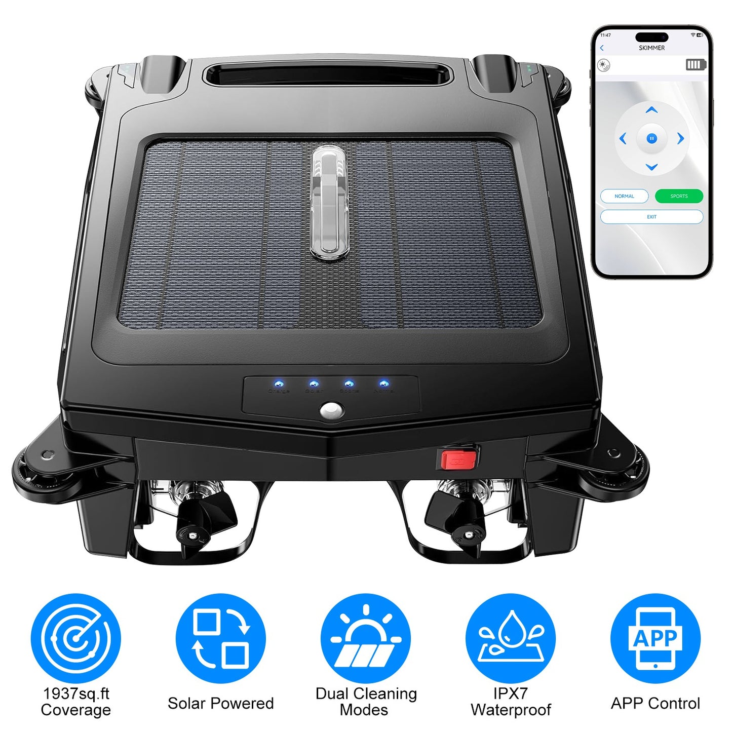 Solar PoweredÊRobotic Pool SkimmerÊAutomatic Swimming Pool Surface Cleaner with 2 Cleaning Modes Dual Charging Methods IPX7 Waterproof 1937sq.ft Cover