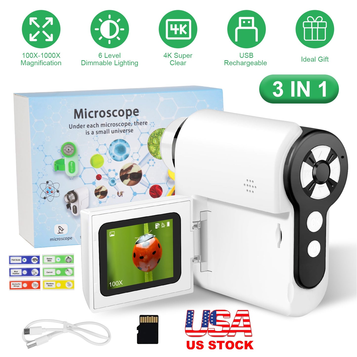 3 In 1 1000X KidsÕ Microscope Telescope Camera Handheld USB Mini Microscope with LED Light 6 Sample Slides 32G MMC Card for Boys Girls Aged 6+ Years O
