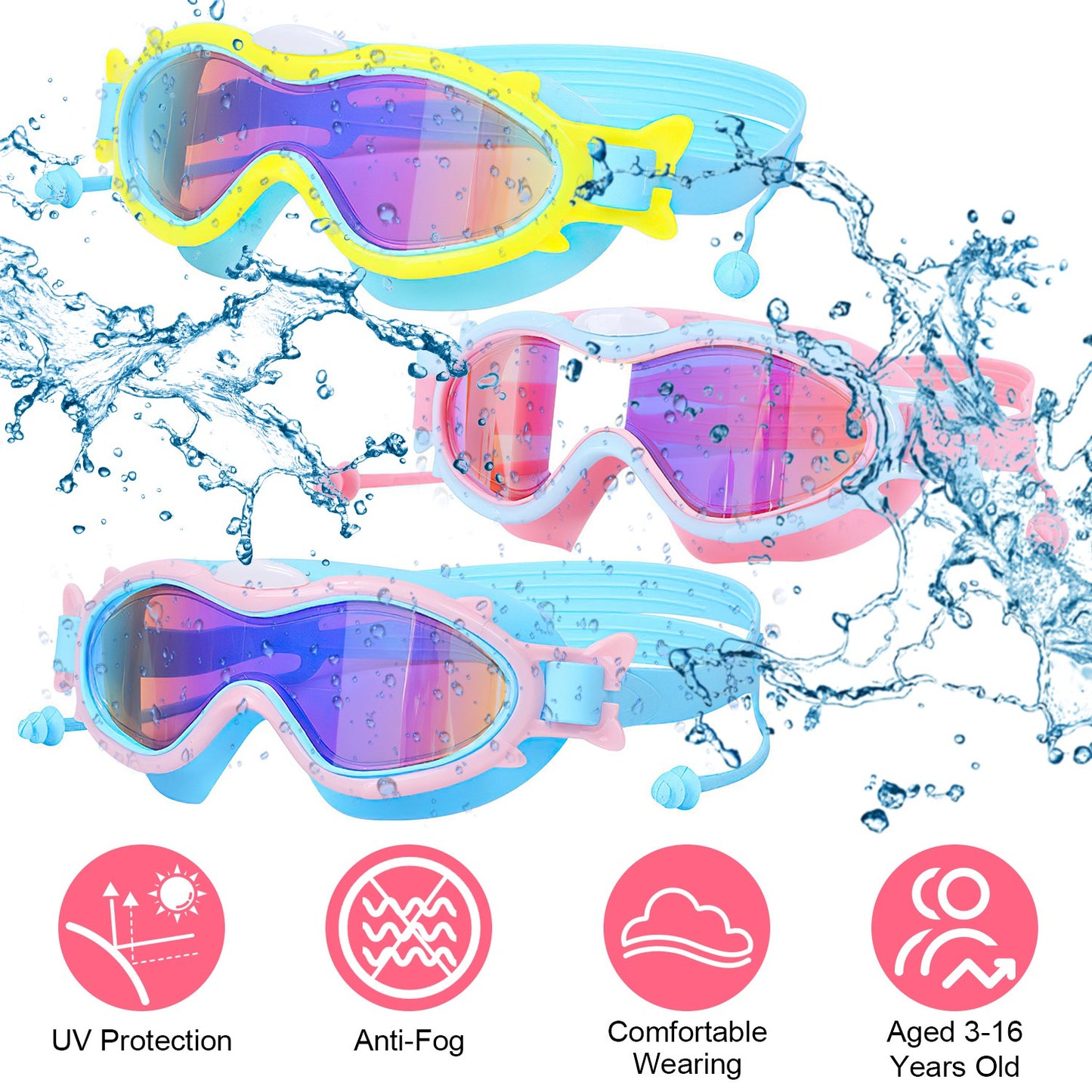 Kids Swim Goggles With Ear Plugs UV Protection Anti-Fog Leak Proof Wide View Pool Swimming Goggles For Youth Boys Girls Aged 3-16 Years Old Summer Bea