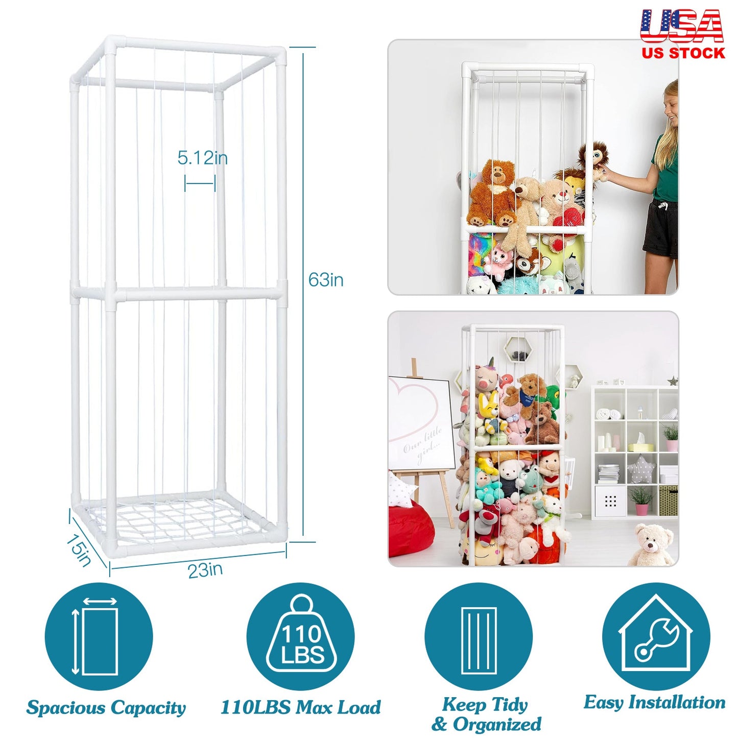 Stuffed Animal Storage PVC Plush Organizer Shelf Plush Stuffed Animal Holder Standing Kids Toy Storage Cage with Elastic Band for Nursery Play Room Be