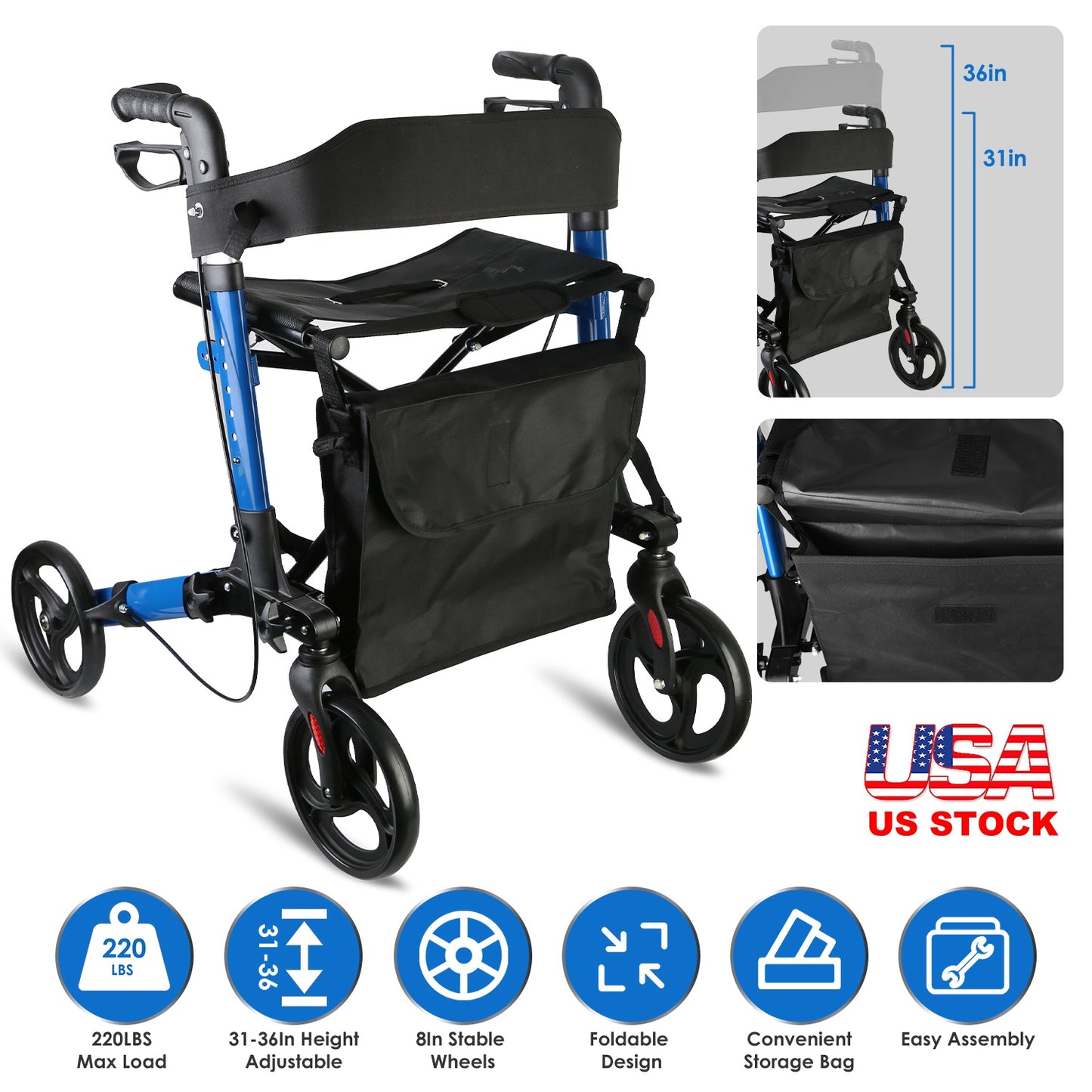 Aluminum Rollator Walker with Seat Backrest Foldable Rolling Walker with 220LBS Max Load 31-36in Adjustable Height 8in Wheels for Seniors Adult Mobili