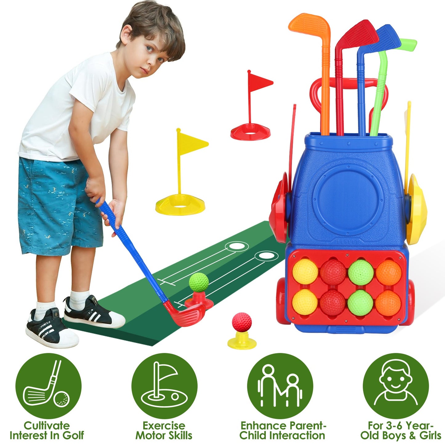 Toddler Golf Clubs Set Kids Golf Kits Toddler Golf Ball Game Play Set Golf Game with 4 Golf Sticks 8 Golf Balls 2 Golf Holes 1 Golf Mat for 3-6 Year O