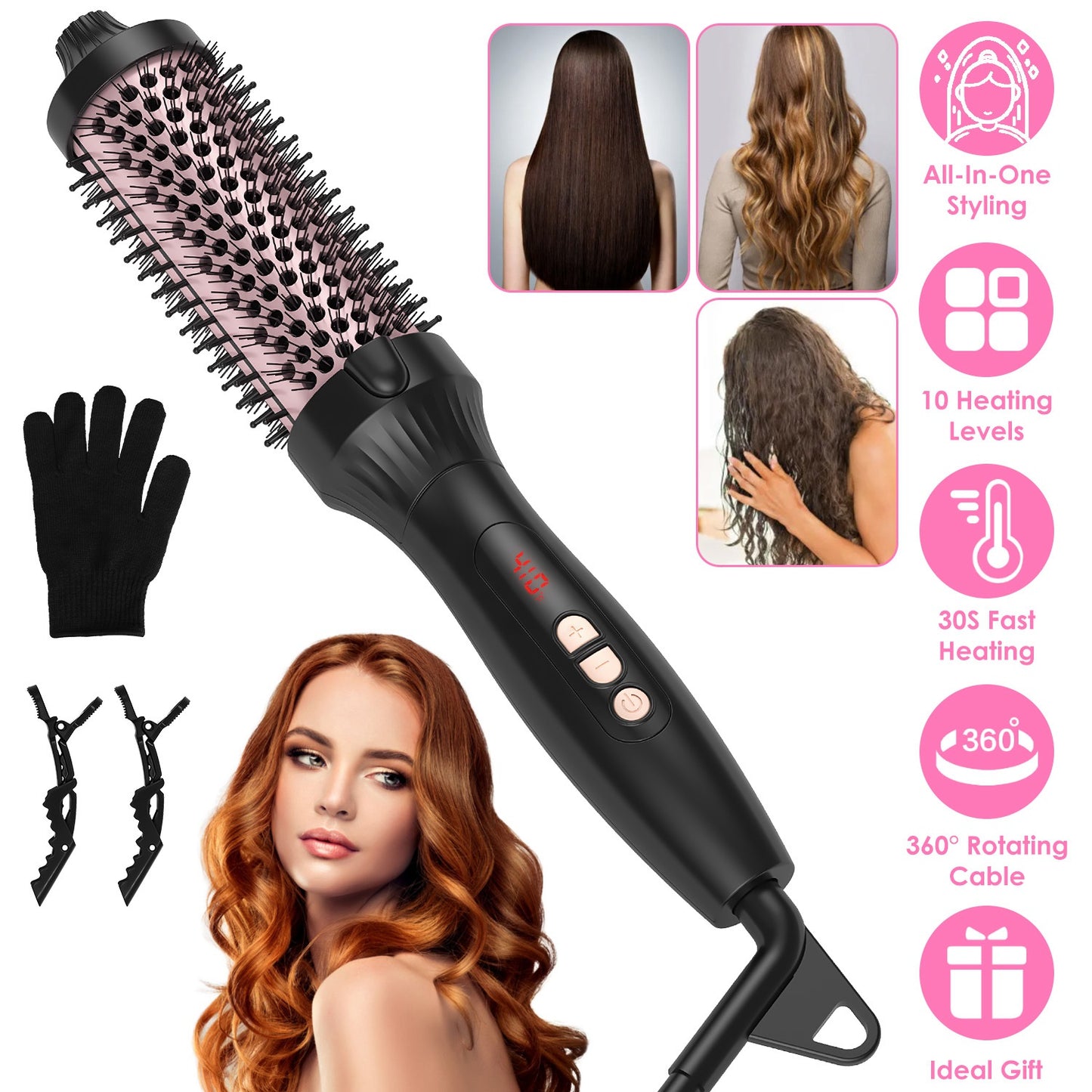3 In 1 Thermal Brush Hair Curler Brush Hair Curler Straightener with 10 Heating Levels 30S Fast Heating Fit for All Hair Types for Home Travel