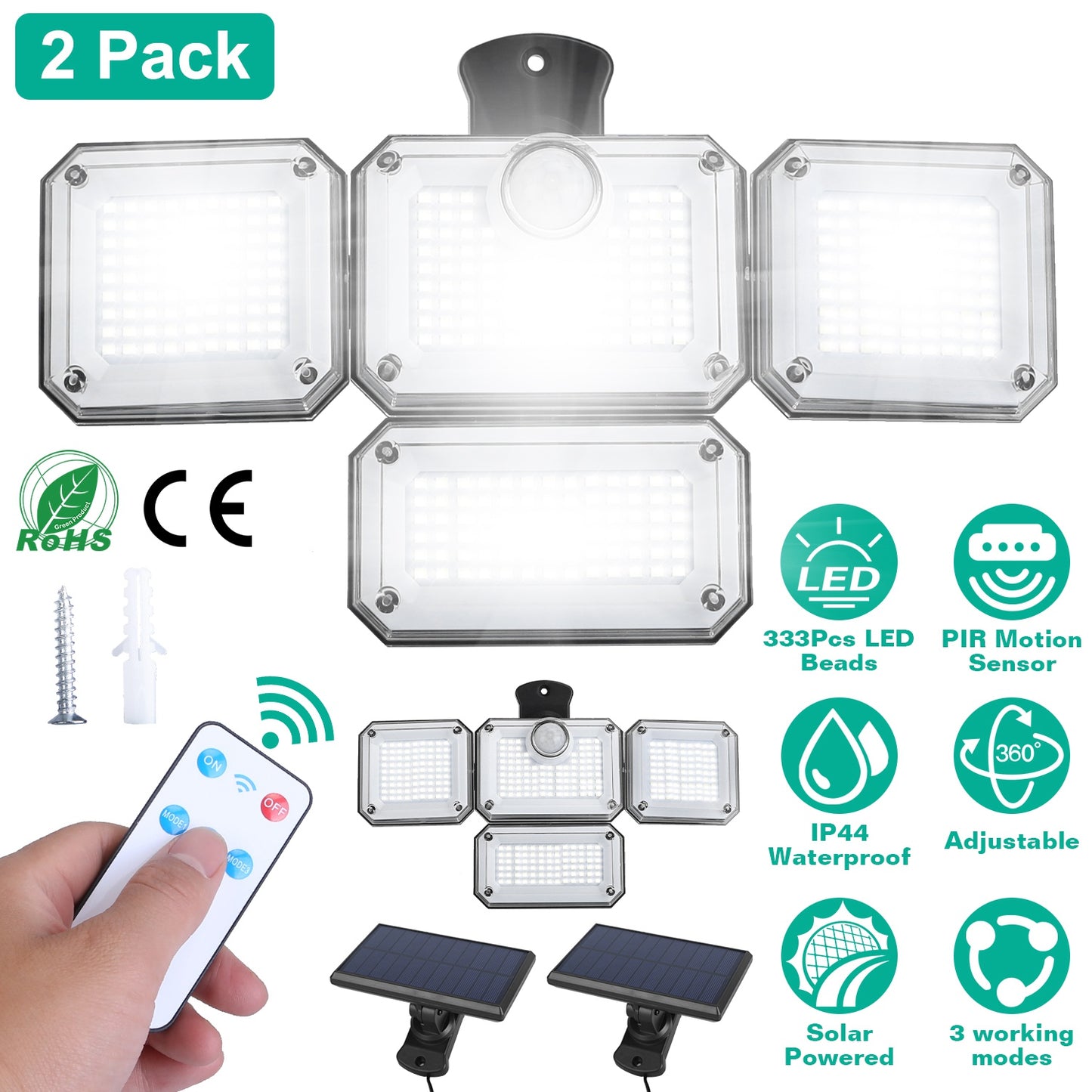 2 Pack Solar Powered Wall Lights IP44 Waterproof Motion Sensor Lamps with Separate Solar Panel 4 Adjustable Heads 333Pcs Beads 120¡ Sensing Angle Remo