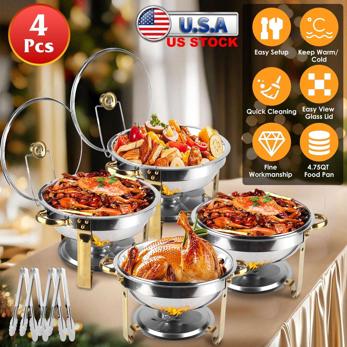 4Pcs Chafing Dish Buffet Set 4.76QT Round Buffet Servers Food Warmer Stainless Steel Catering Chafer with Glass Lid for Warming Cooling Gatherings Ban