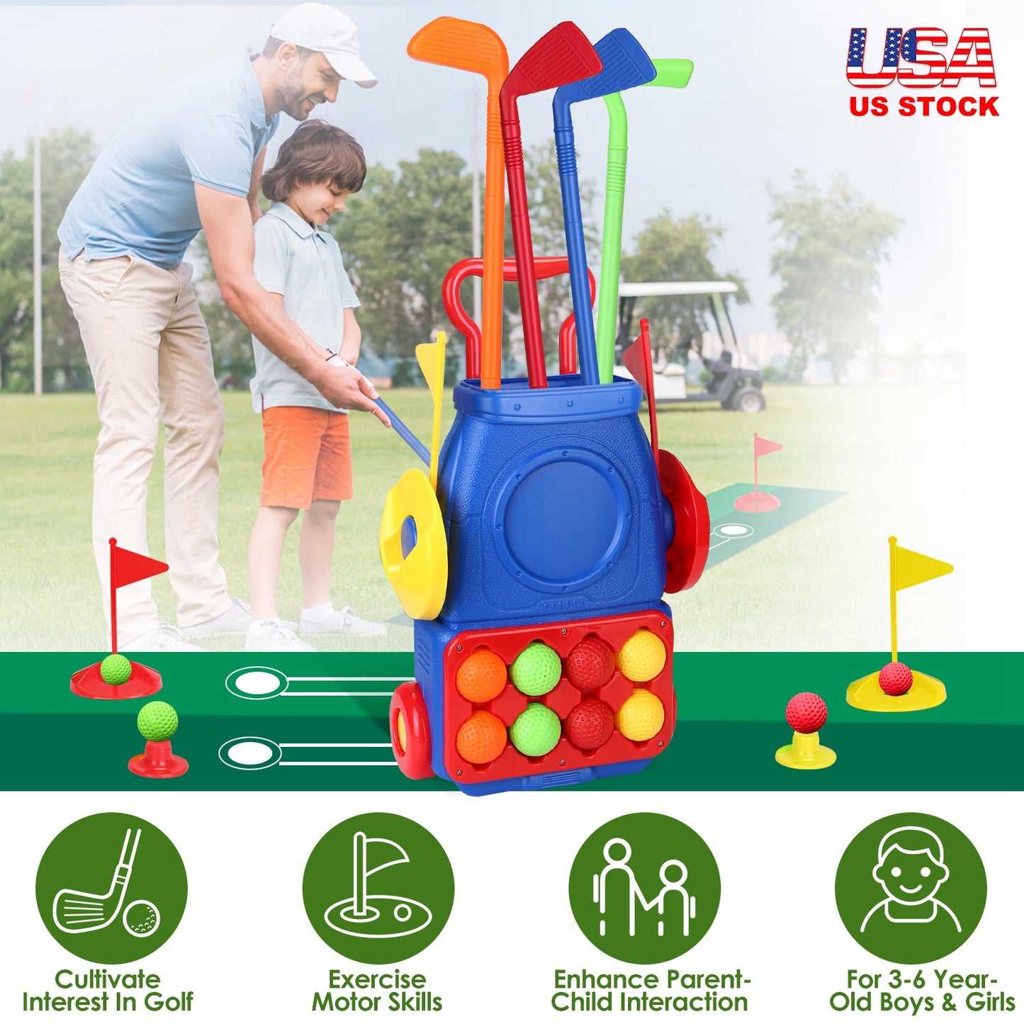 Toddler Golf Clubs Set Kids Golf Kits Toddler Golf Ball Game Play Set Golf Game with 4 Golf Sticks 8 Golf Balls 2 Golf Holes 1 Golf Mat for 3-6 Year O