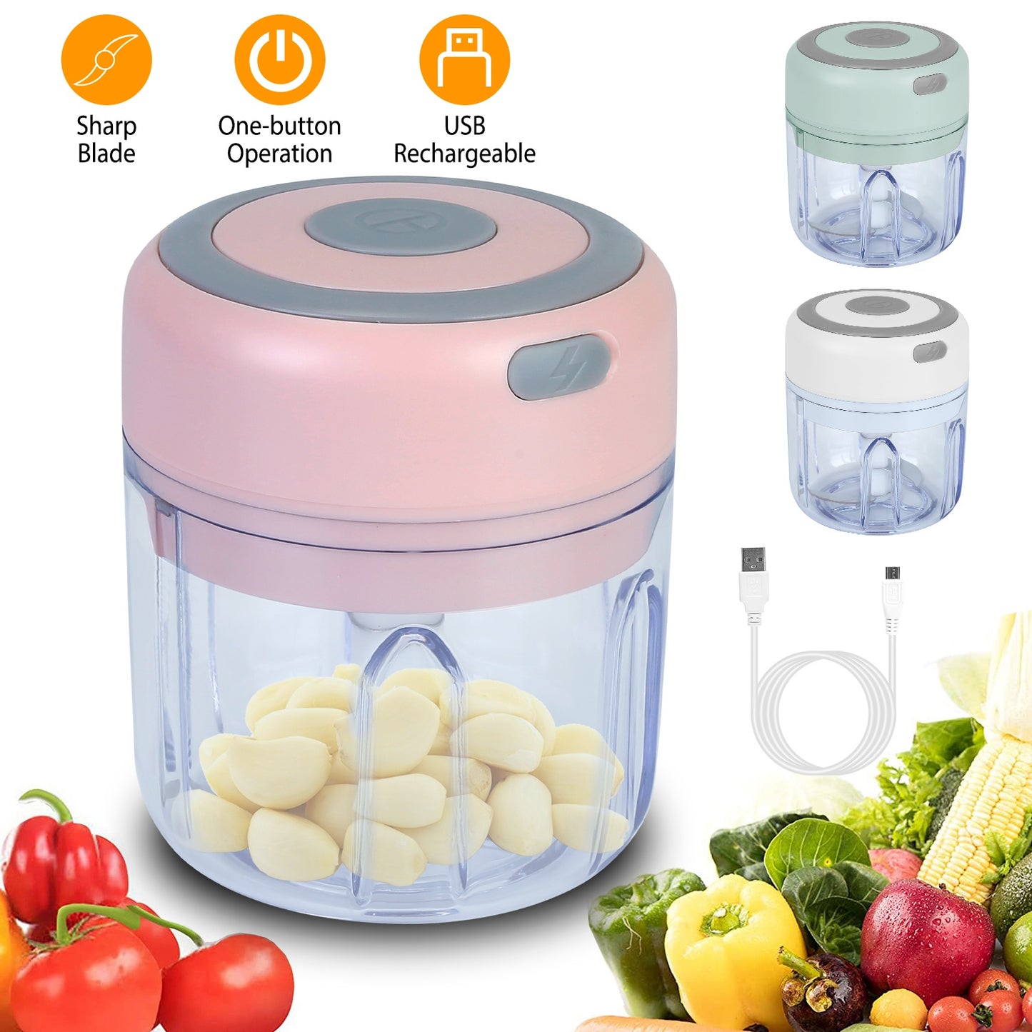 Mini Electric Garlic Chopper 8.45OZ Cordless Garlic Mincer Food Chopper Rechargeable Food Blender Chili Nut Onion Pepper Meat Ginger Baby Food