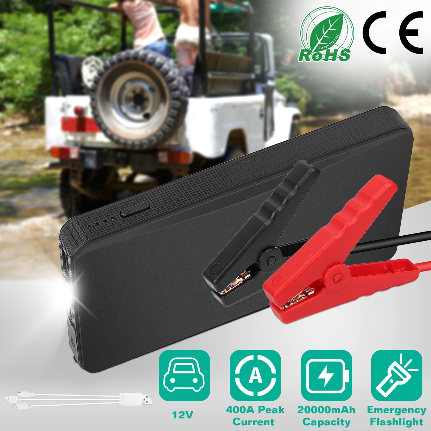 12V Car Jumper Starter 400A Peak 20000mAh Battery Charger Power Bank Portable Power Booster Battery w/ 3 Flashlight Modes