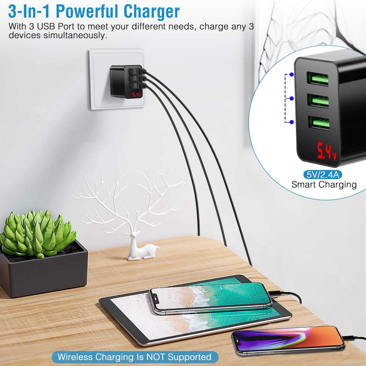 3 Packs 3-Port USB Wall Charger USB Hub Charger Wall Power Charging Plug Adapter Fit For Samsung Galaxy S9/S8 Note 8/9 iPhone Pad Tablet and More USB