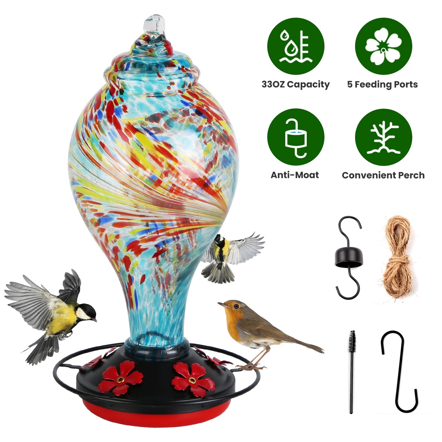 Glass Hummingbird Feeder 33OZ Hand Blown Hummingbird Feeder with 5 Flower Feeding Port Perch Ant Moat Hanging Hook S Hook Hemp Rope Cleaning Brush for