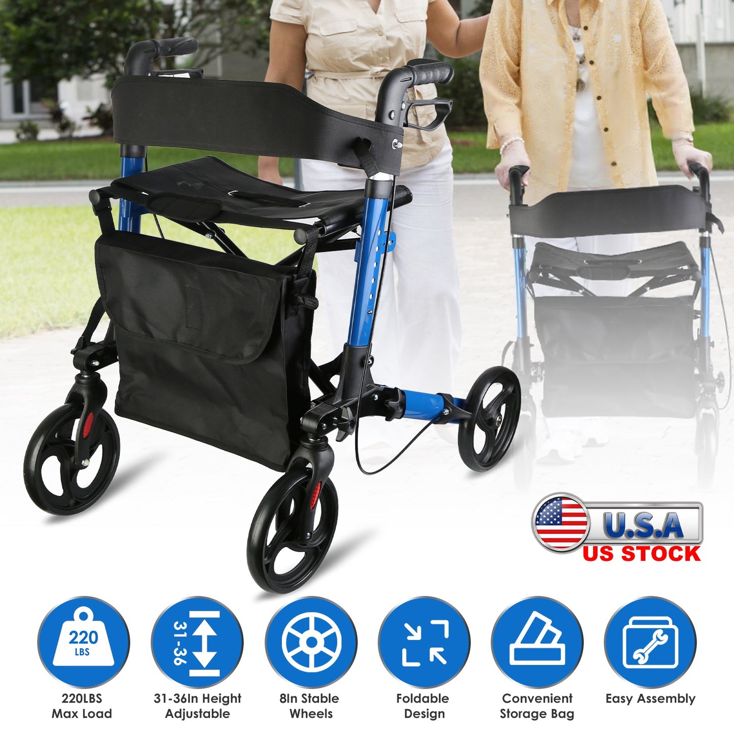 Aluminum Rollator Walker with Seat Backrest Foldable Rolling Walker with 220LBS Max Load 31-36in Adjustable Height 8in Wheels for Seniors Adult Mobili