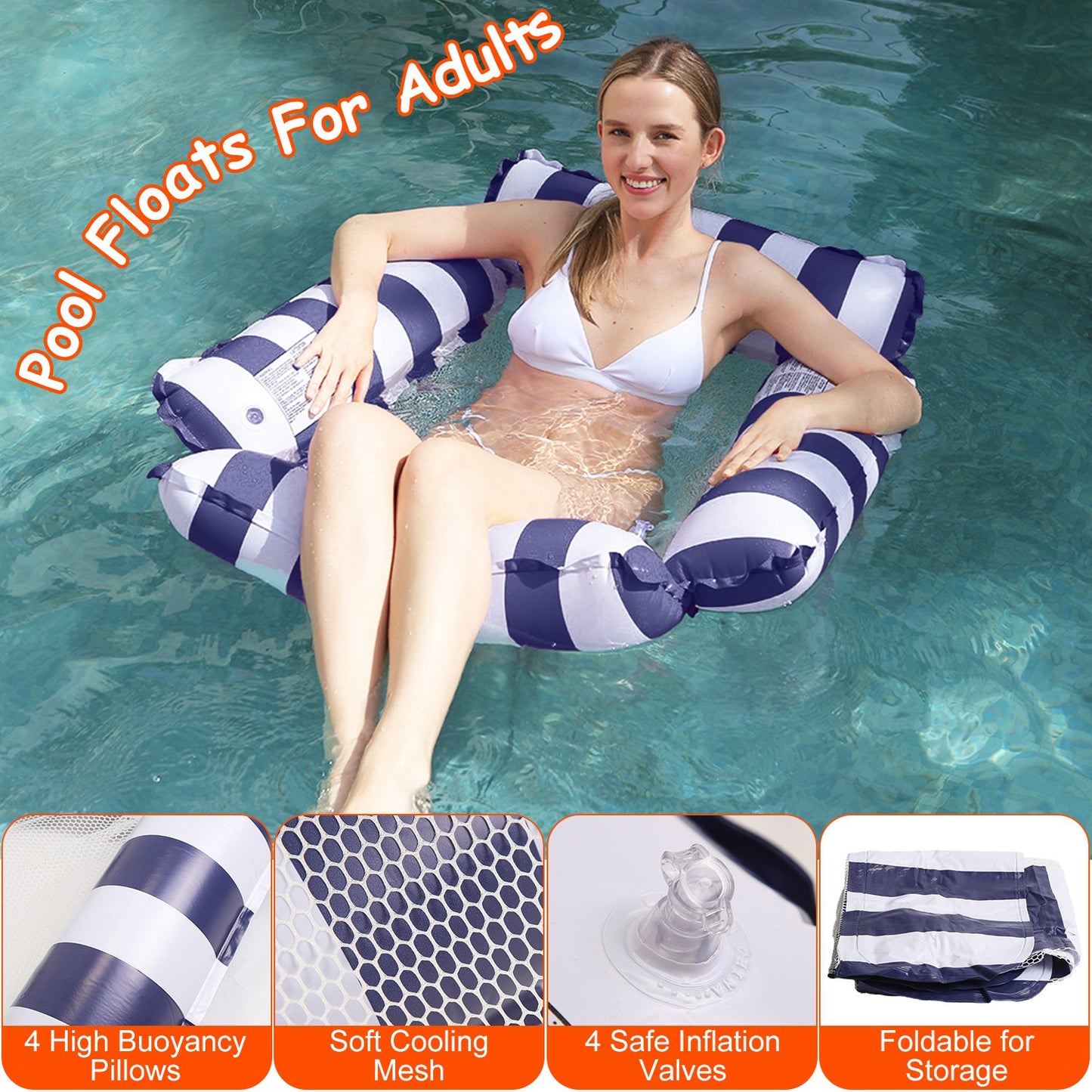 3 Pack Inflatable Pool Floats for Adult 1 Drink & Snack Float 2 Water Hammocks with High Buoyancy Pillows Cooling Mesh
