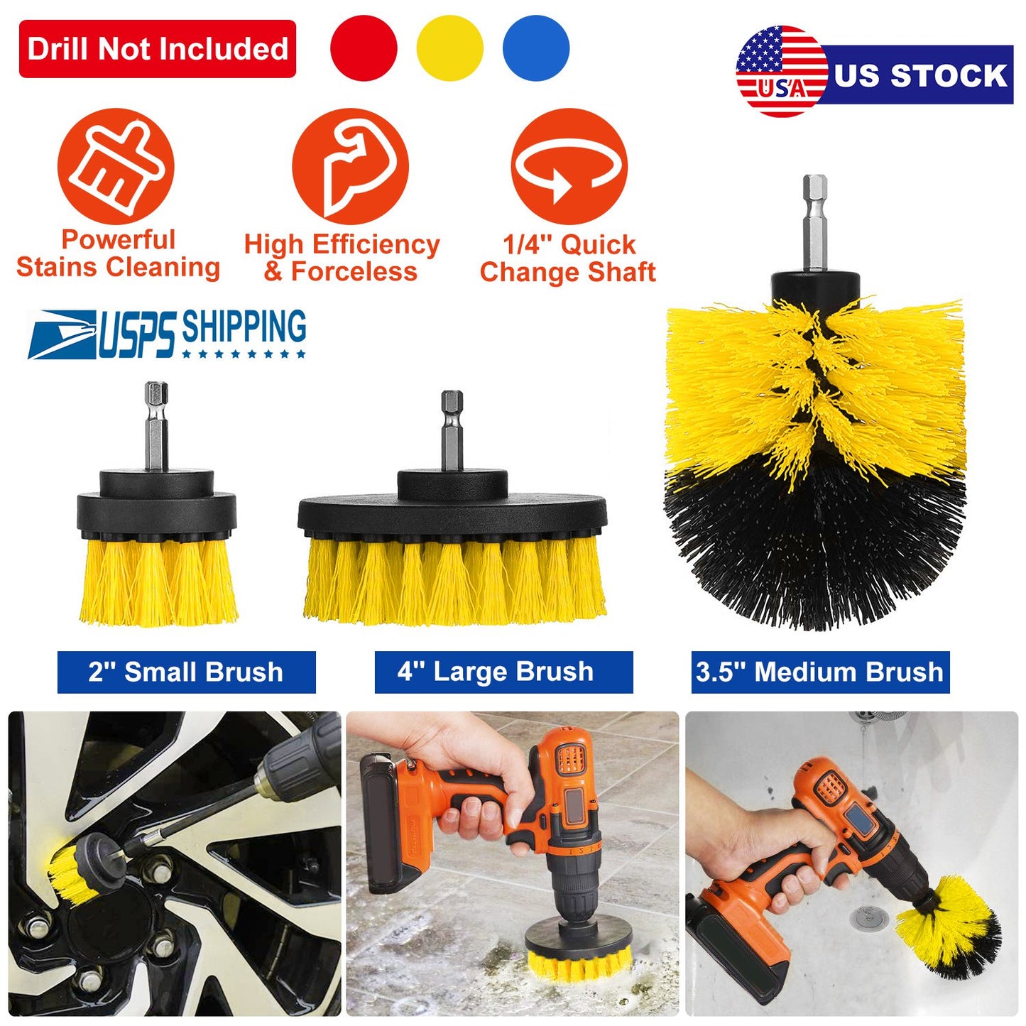 3Pcs/Set Drill Brush Power Scrubber Cleaning Brush for Car Carpet Wall Tile Tub Cleaner Combo